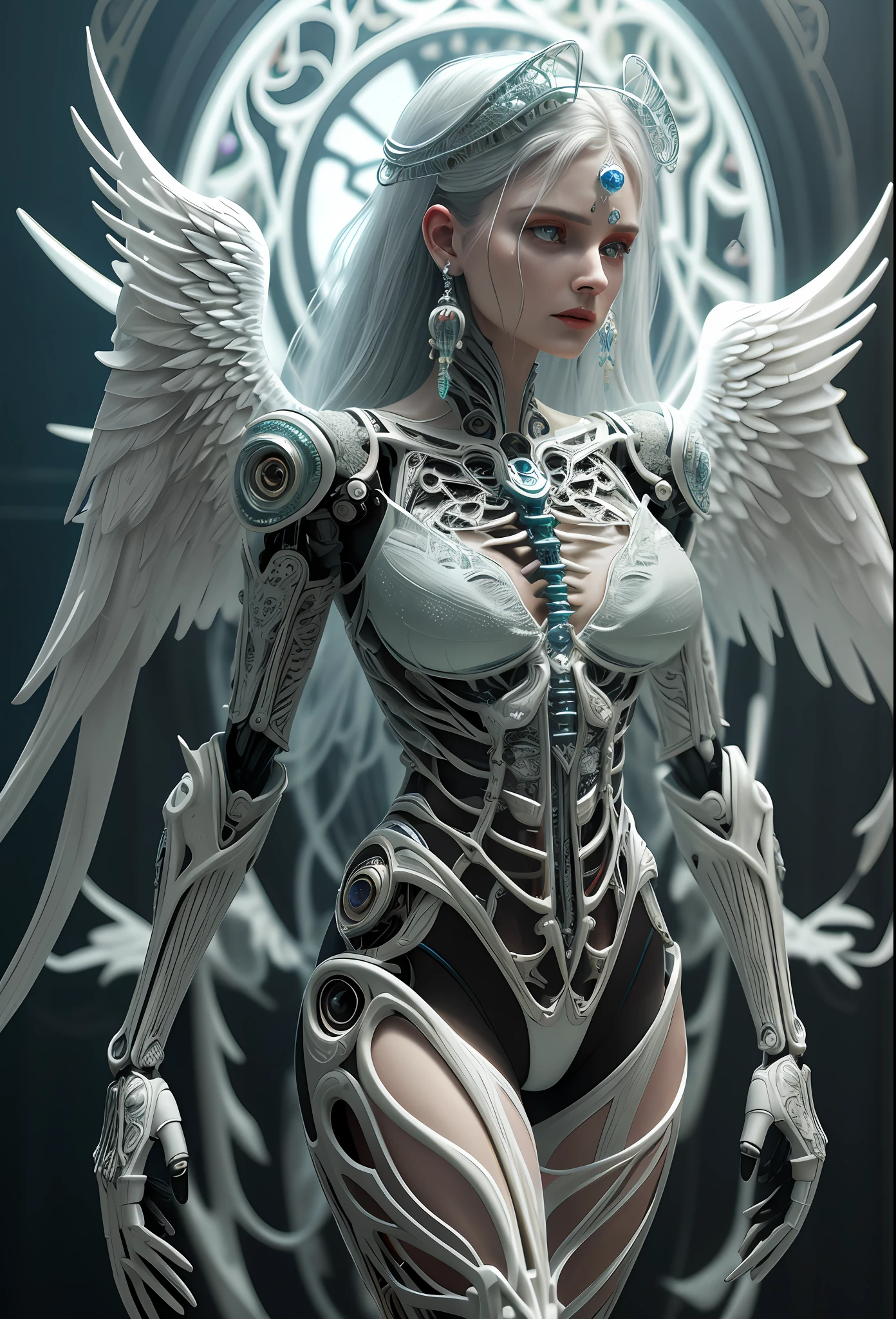 Intricate 3d rendering ultra-detailed beautiful angel of death, biomechanical robot, simulated 150mm lens, beautiful natural soft edge light, neon veins, roots, delicate leaf lace, colorful details, Boris Bidjan Saberi costume, pearl earrings, piercings, art nouveau fashion embroidery, intricate details, mesh lines, Mandelbrot fractals, facial muscles, cables, microchips, villains, surreal, ultra-detailed, octane, volumetric lighting, 8k and post-production, red The white has a little bit of black, Metal Skeleton Details, Half-Human, Iridescent, Glenn Brown Style, Futuristic Room, Power of God, High Angle Shot, Complex Body Poses