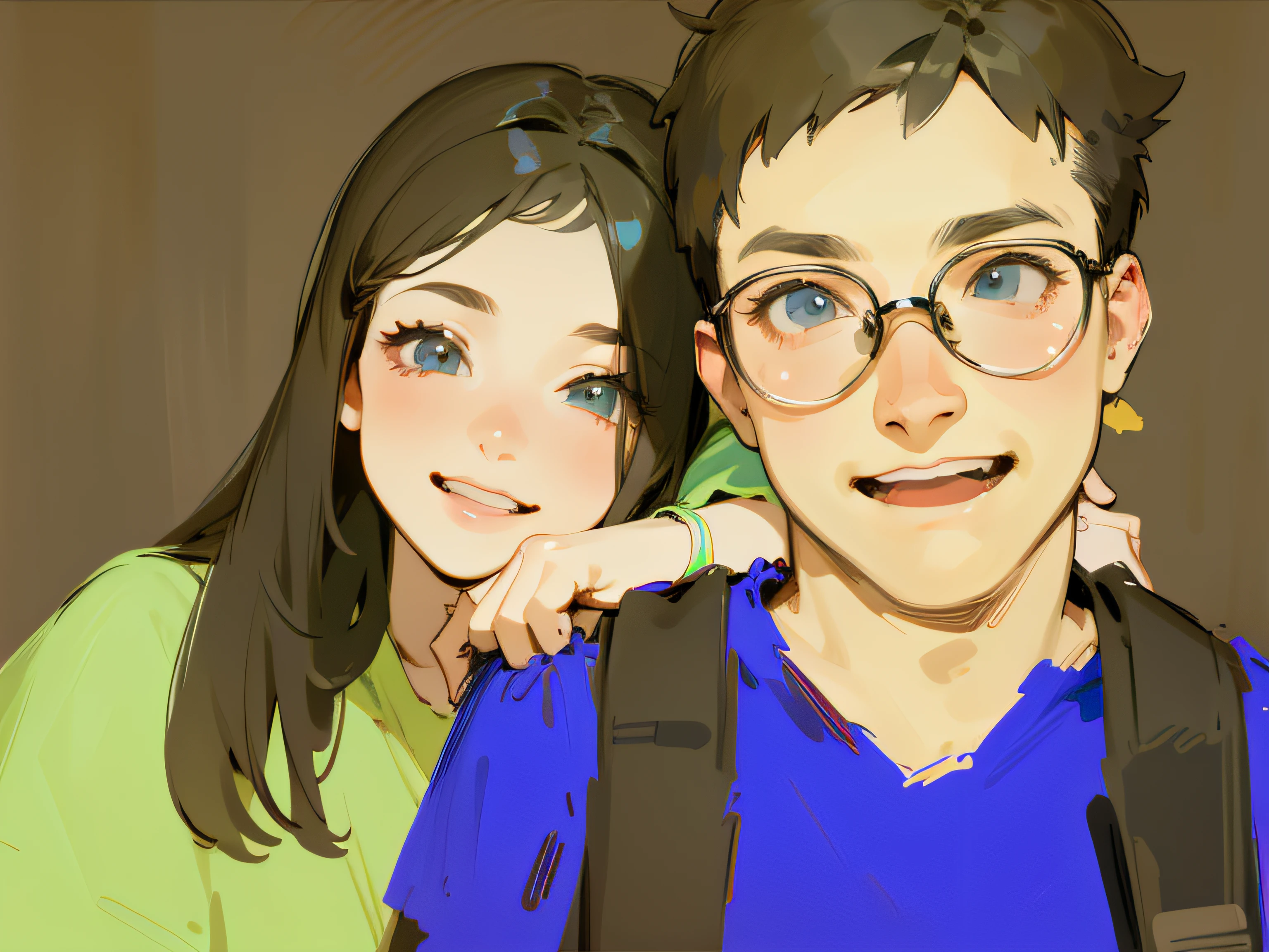long whitr hair，Sweet maiden，having fun，The girl's hand is on the boy's shoulder，eye glass，Boys with short hair，shoulder strap，