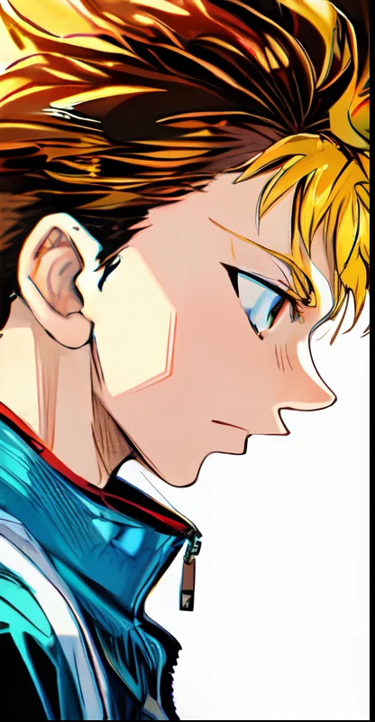 The blonde anime boy stares at something from the side, Jacket, Side view, color comic, manga color, color comic, colored manga panel, Simple background, white backgrounid,Be red in the face