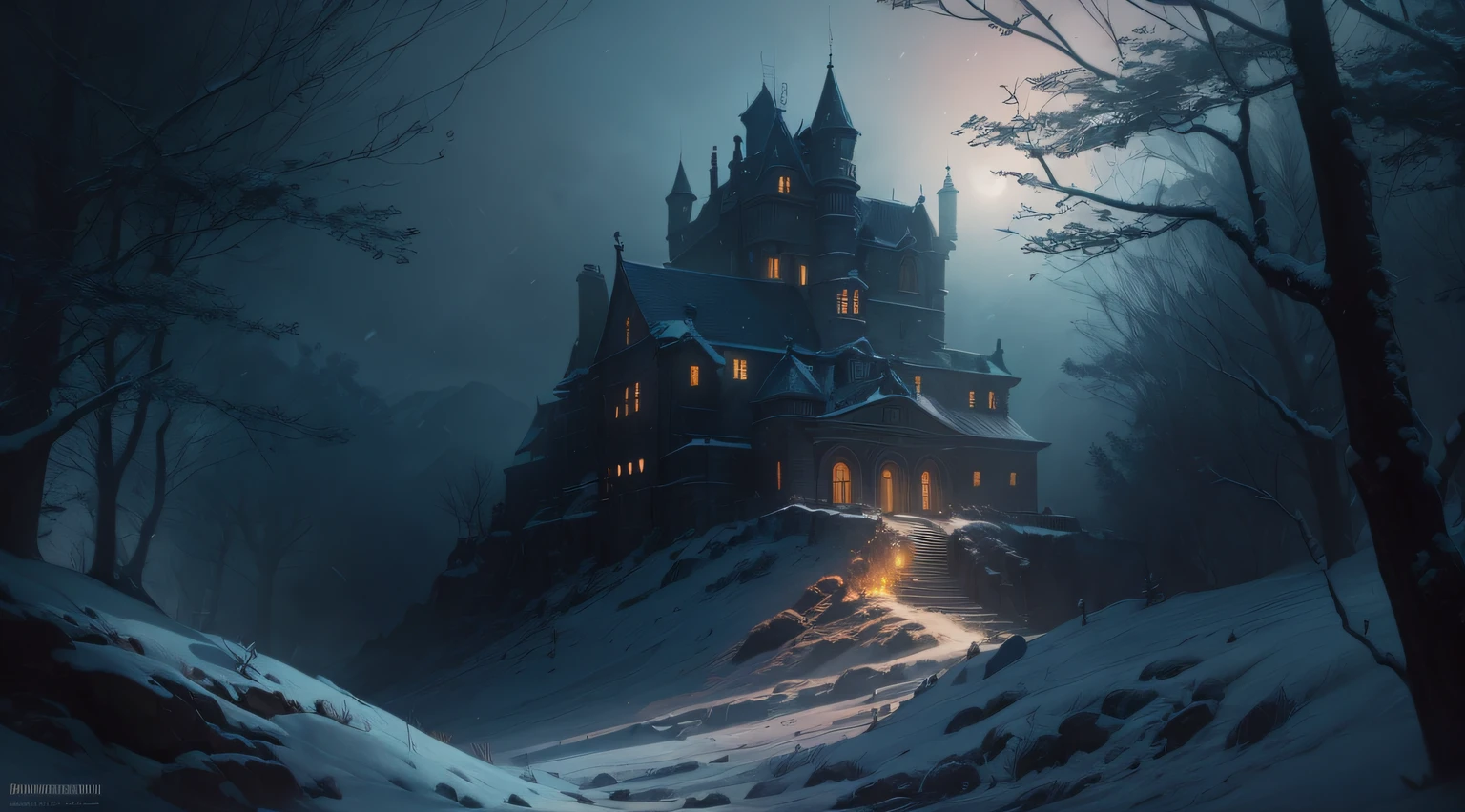 ((night)), winter, scottish medieval castle, dark night atmosphere, dark atmosphere, night ambient, ((foggy atmosphere)), a painting of a meandering snow in a mountain valley, trending on artstation, sharp focus, studio photo, intricate details, highly detailed, by greg rutkowski, a comic book panel by jeffrey smith, featured on deviantart, american scene painting, dc comics, marvel comics, concept art, perfect composition, beautiful detailed intricate insanely detailed octane render trending on artstation, 8 k artistic photography, photorealistic concept art, soft natural volumetric cinematic perfect light, chiaroscuro, award - winning photograph, masterpiece, oil on canvas, raphael, caravaggio, greg rutkowski, beeple, beksinski, giger, centered, symmetry, painted, intricate, volumetric lighting, beautiful, rich deep colors masterpiece, sharp focus, ultra detailed, in the style of dan mumford and marc simonetti, astrophotography