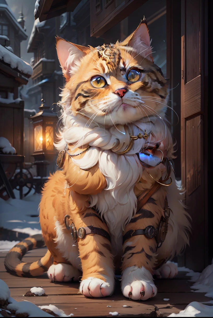Cute cat god, close-up, Steampunk personification, Artstation illustrator, complex details, sunny atmosphere, fresh, bright and warm light, face, full body portrait, dim light, illustration, ultra-high definition, 4K surrealism, warmth, cute, highly detailed, clear focus, professional, 8k ultra-high definition, film, drama, vivid, rendering, epic, dusk, HDR, album cover, Blizzard,