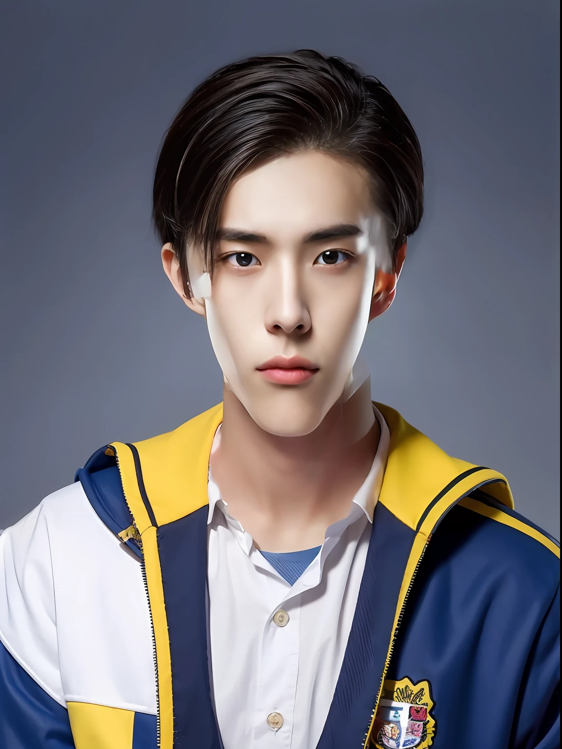 16-year-old male student，Yellow-blue colored school uniform，the detail，hyper HD，Ruddy skin，Short colored hair，orthofacial，With stud earrings，The facial features are correct and clear，ssmile，Real Human，Realistis，hyper HD