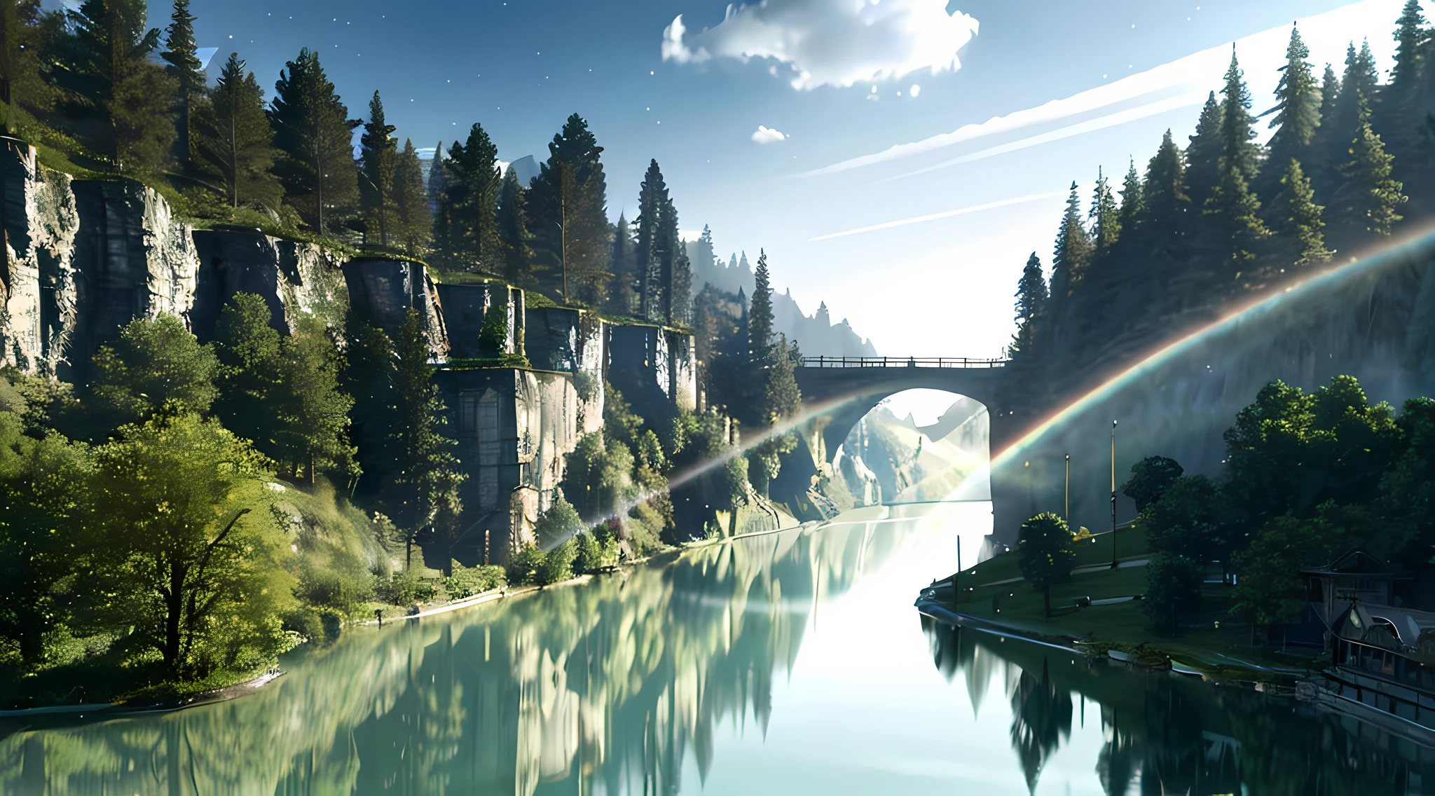 Analog style,ChromaV5,nvinkpunk,(extremely detailed CG unity 8k wallpaper),An image of a majestic river, trees on the sides, tiny waterfall, intense fog ,award winning photography, Chromatic Aberration, Detailed , HDR, Bloom, style by Monet, Pissarro, and Sisley ,trending on ArtStation, trending on CGSociety, art by midjourney