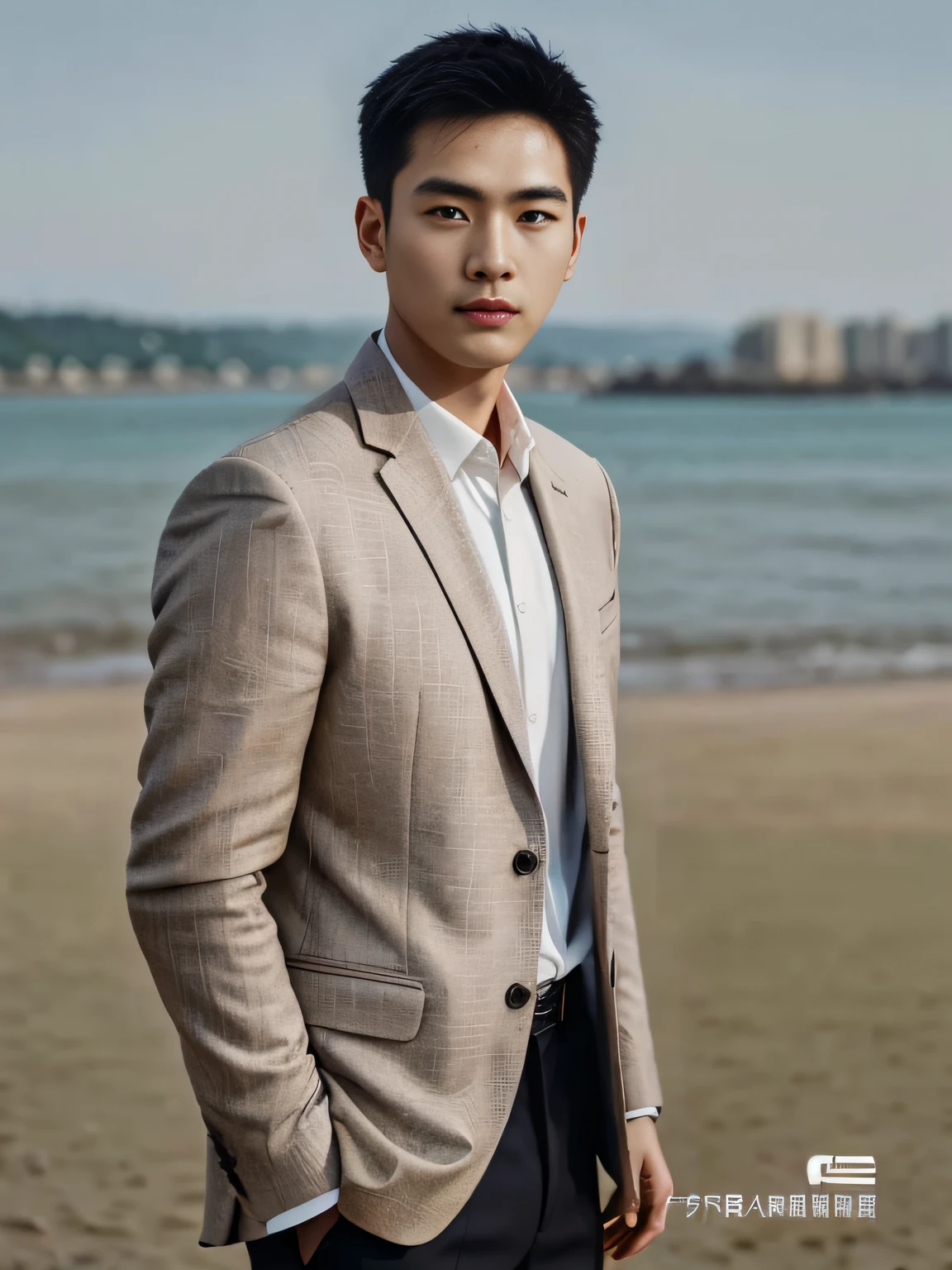 A man in a suit stands in front of a body of water, ryan jia, yanjun cheng, justin sun, Inspired by Zhang Han, Handsome man, inspired by Wen Zhengming, inspired by Liu Jun, inspired by Joong Keun Lee, Cao Shuxian, inspired by Bian Jingzhao, steve zheng, handsome chad chin, inspired by Ding Yunpeng,Retina Screen,Vertical painting shadows,Perspectiva subjetiva,atmospheric distance sense,hyper HD,Textured skin,HighestQuali,high detal,The eyes are bright and alert,Ray traching,Multiple monochromes,Cinematic lighting effects,Star temperament,Chinese face