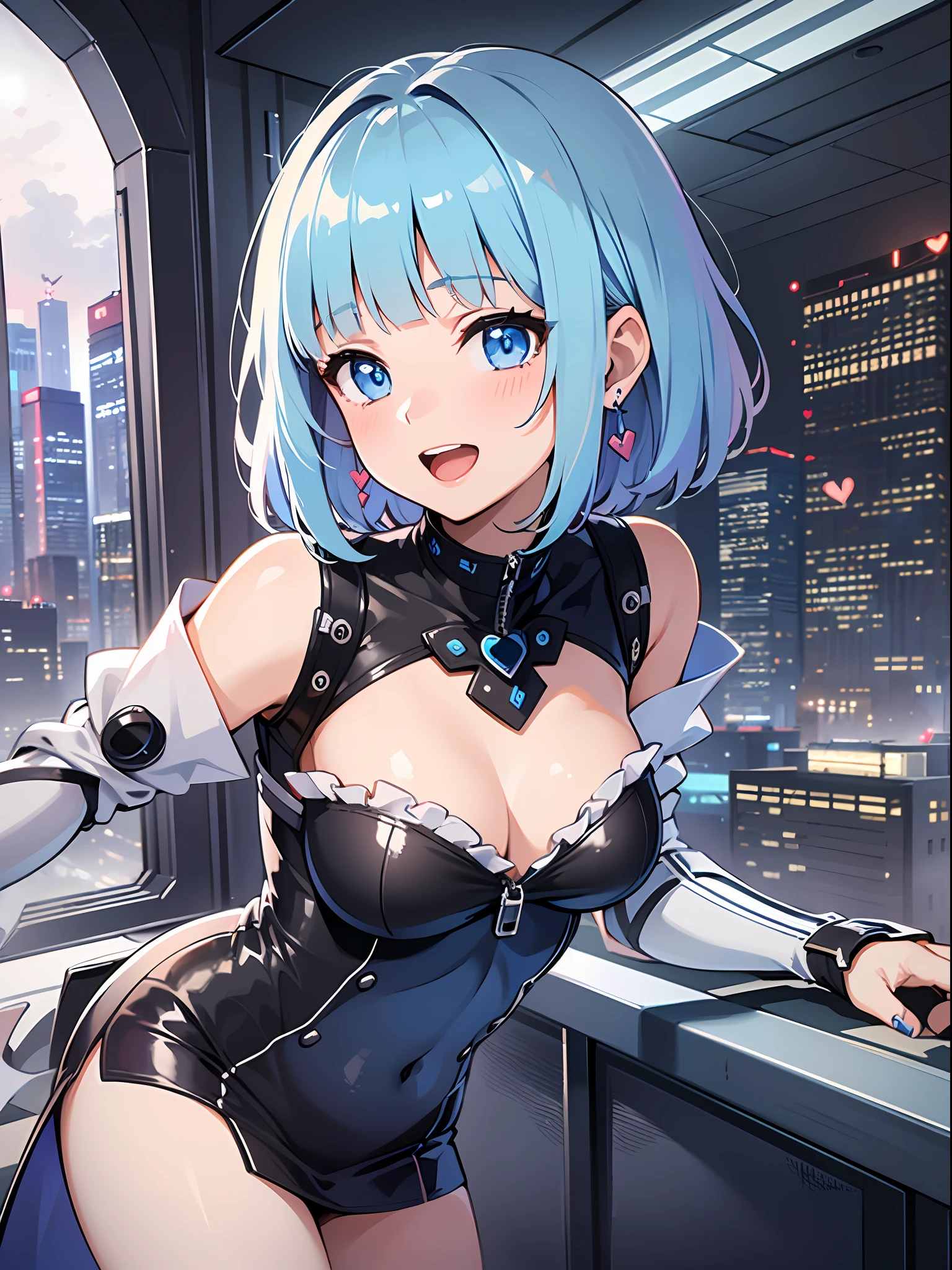 (masterpiece:1.3), (best quality:1.3), high resolution, 


couboy shot, 
leaning forward, body facing forward, 

(one cute girl:1.3), solo, 
white skin, small Breast, eight-headed person, 
light blue hair, (bobbed hair:1.2), (short hair:1.2), (blunt bangs:1.2), beautiful hair, blue eyes, beautiful detailed eyes, 

blush, open mouth, heart, cheerful smile, 

frill, white and blue clothes, detached sleeves, Futuristic clothing, mechanical suit, pencil skirt, earrings, 

indoors, city of the future, cybercity, 

shadowlighting,