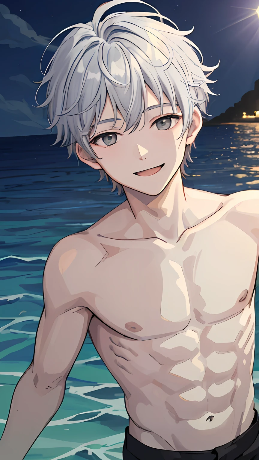 1 boy, , solo, looking at viewer, (masterpiece:1.4), (best quality:1.4), (wavy hair:0.9), (happy face),
sunlight, shiny skin, white and grey hair, spiky hairstyle, {day|dawn|night|mornig}, diving the sea, underwater,topless,scuba