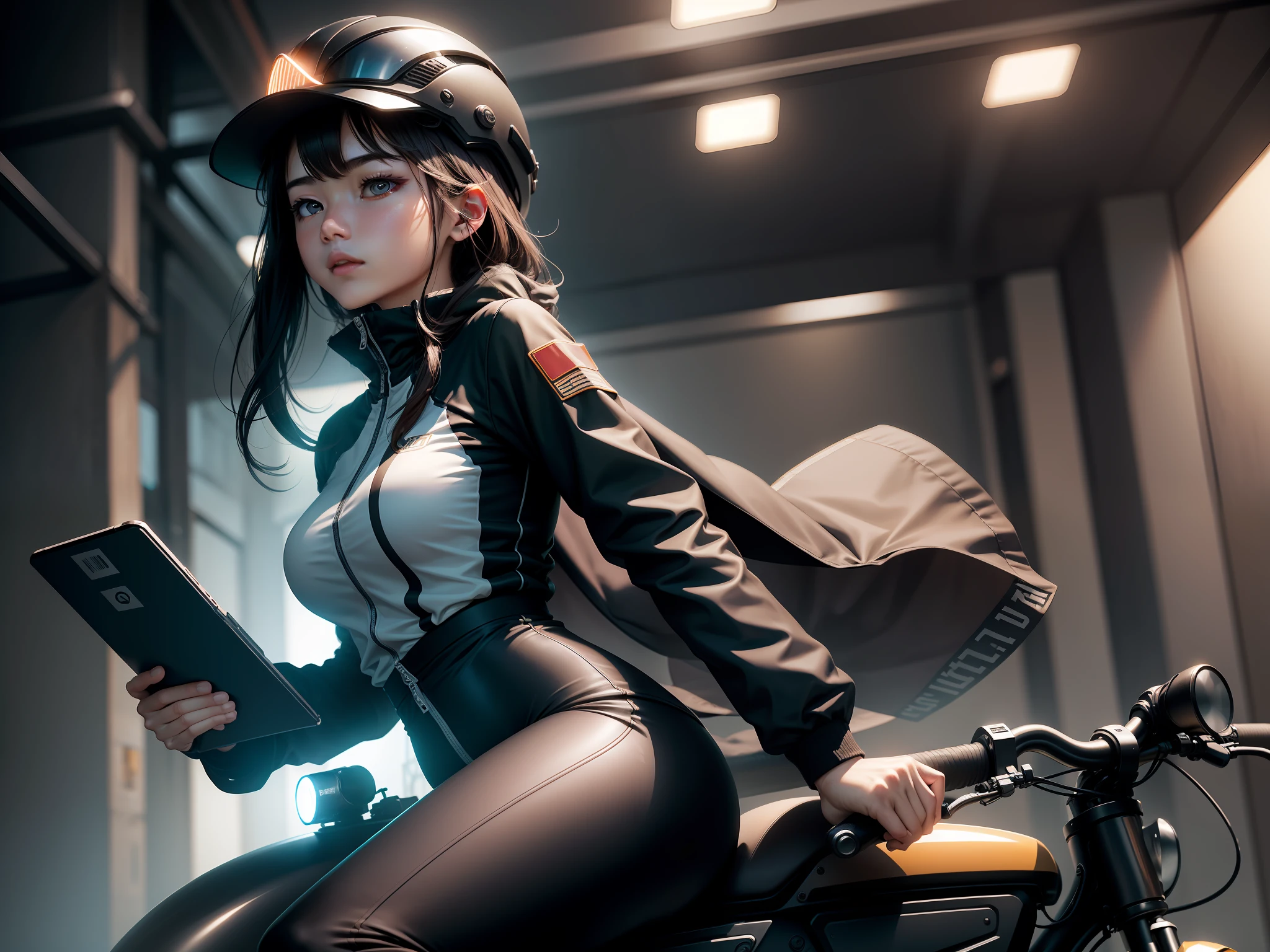 Highest image quality，Outstanding details，超高分辨率，（fidelity：1.4），The best illustration，Favor the details，Highly cohesive 1girl，He has a delicate and beautiful face，Wear casual skinny cycling clothing，wearing a mech helmet，Hold the direction controller，Riding on a motorcycle，The background is a high-tech lighting scene in the future city。