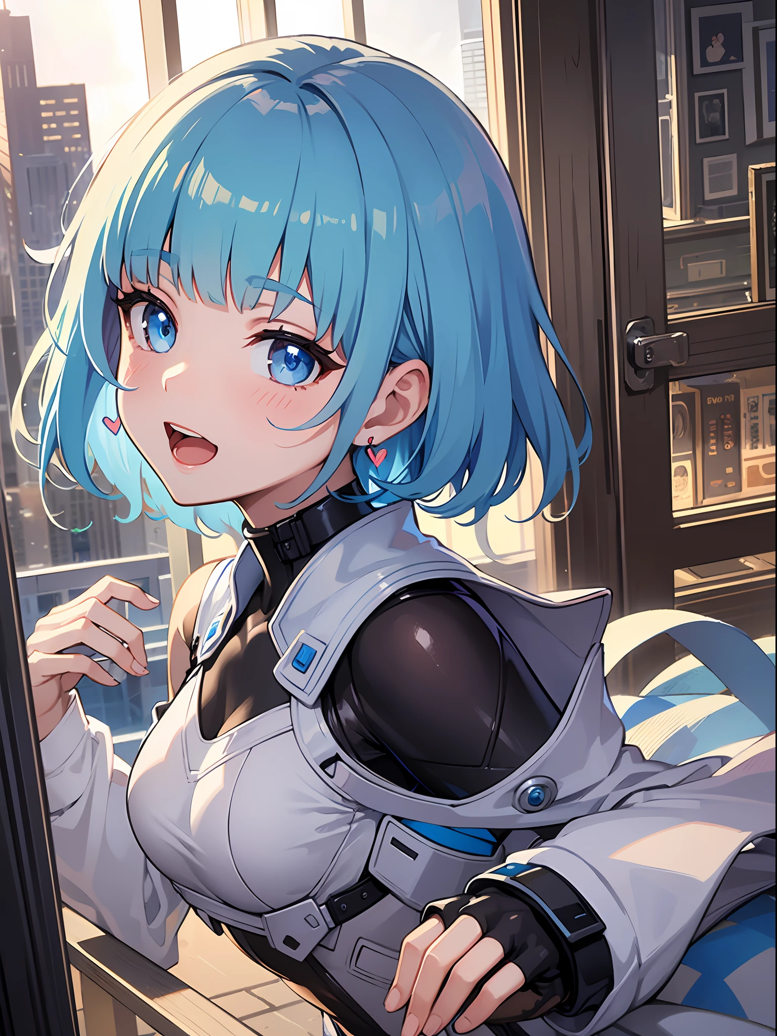 (masterpiece:1.3), (best quality:1.3), high resolution,
couboy shot,
leaning forward, body facing forward,
(one cute girl:1.3), solo,
white skin, small Breast, eight-headed person,
light blue hair, (bobbed hair:1.2), (short hair:1.2), (blunt bangs:1.2), beautiful hair, blue eyes, beautiful detailed eyes,
blush, open mouth, heart, cheerful smile,
frill, white and blue clothes, detached sleeves, Futuristic clothing, mechanical suit, pencil skirt, earrings,
indoors, city of the future, cybercity,
shadowlighting,