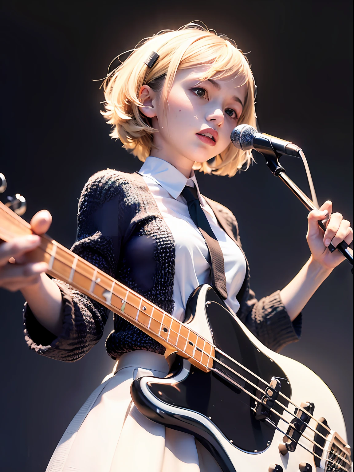 An 18-year-old woman,(hi-top fade:1.3),dyed blonde hair, (Play the electric bass, 4 strings), Dark theme, Muted colors, High contrast, (Tuttos skin texture, Hyper-Realism, Soft light, sharp), White blouses、pleatedskirt、Ribbon Ties