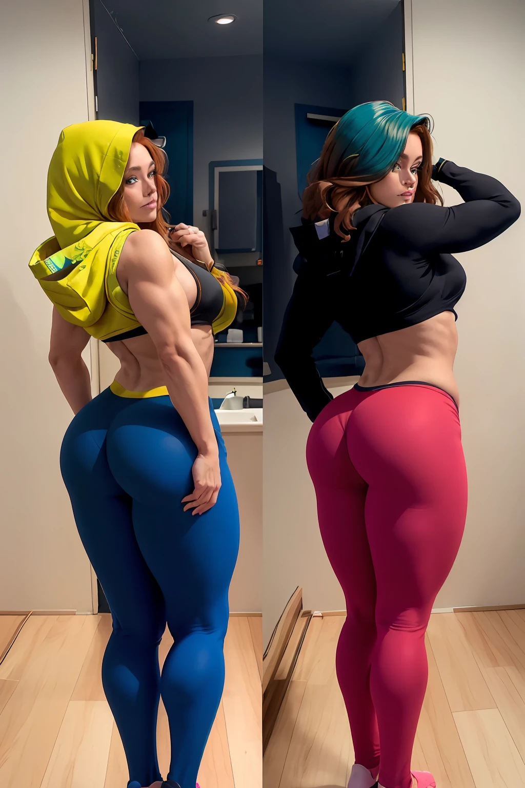 bodybuilder, musuclar, oversized hoodie, large ass, 1girl, strong shoulders, auburn long hair, masterpiece, best quality, shoes, full body, posing for a picture, beautifully color-coded, socks, scrunchbutt leggings white background, studio, looking away, covered by hood,wear more sexy bikini