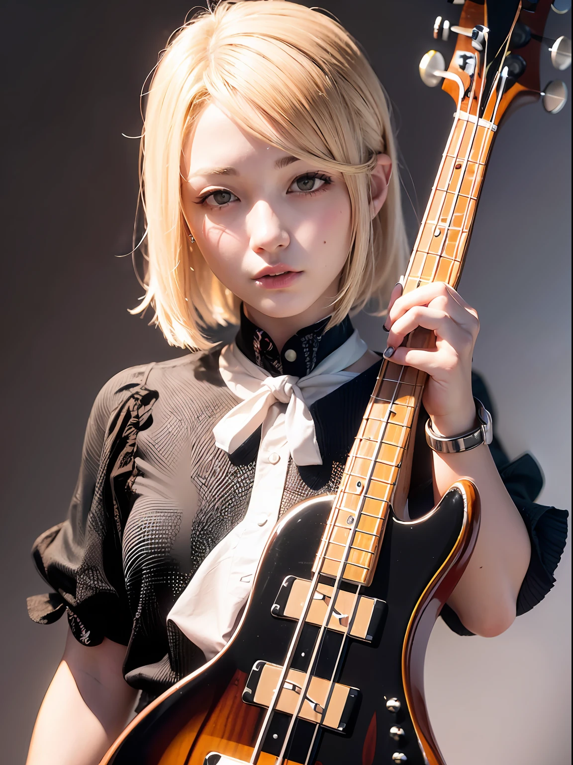 An 18-year-old woman,(hi-top fade:1.3),dyed blonde hair, (Play the electric bass, 4 strings), Dark theme, Muted colors, High contrast, (Tuttos skin texture, Hyper-Realism, Soft light, sharp), White blouses、pleatedskirt、Ribbon Ties