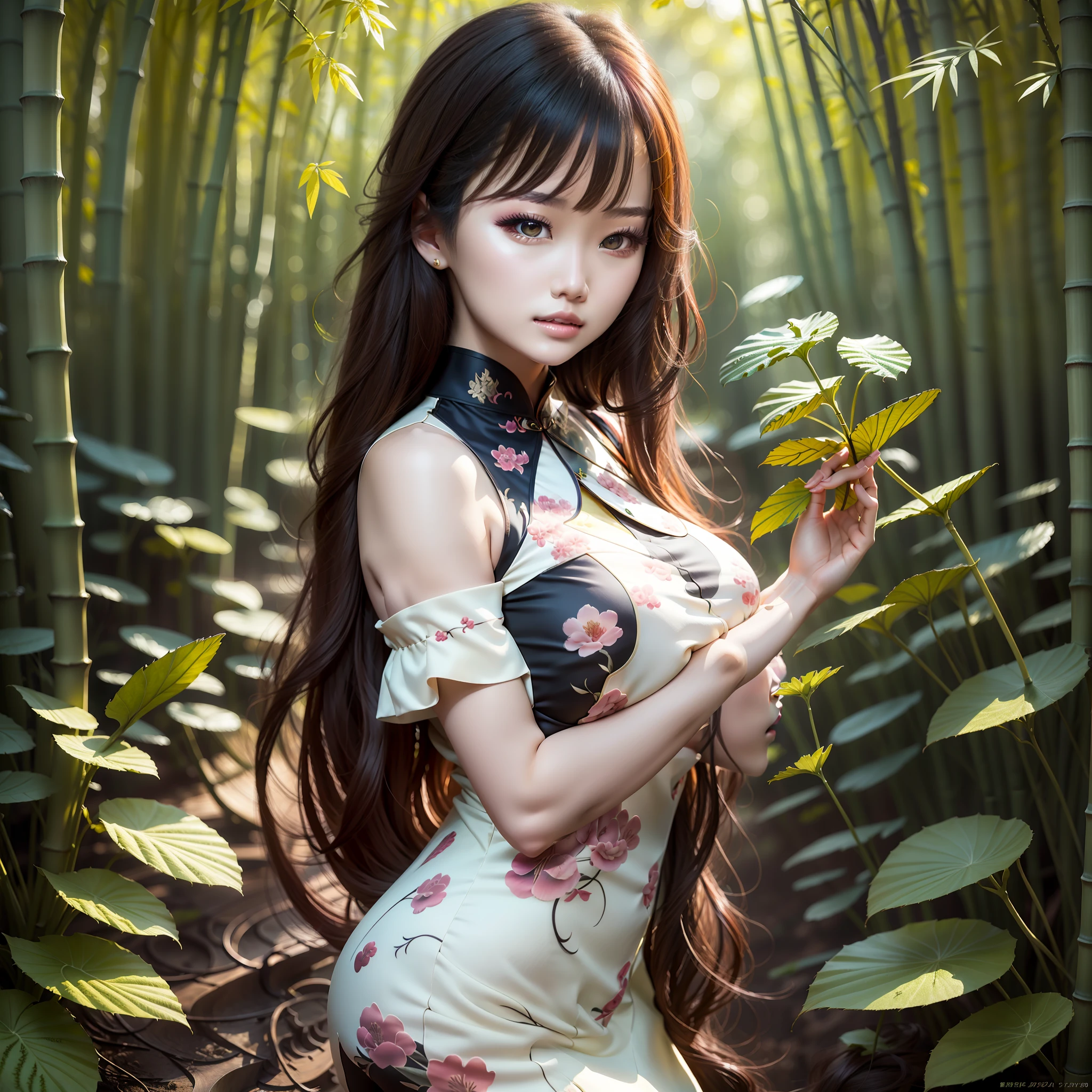 Beautiful girl in the garden bamboo forest cheongsam