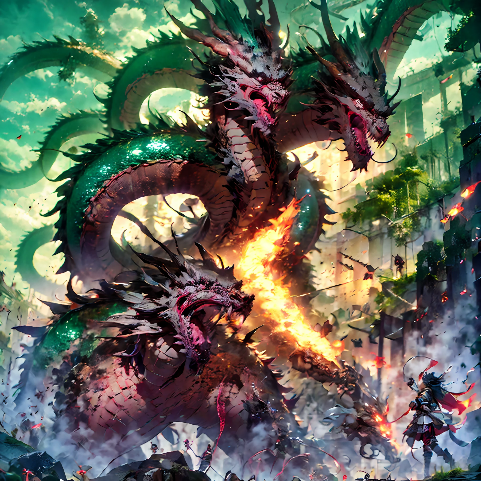 A boy with,Beautiful close-up((Warriors)),battlefiled,Epic atmosphere,flame of war,Grit,be desperate,skelleton,skulls,Fighting posture,dynamic blur,Big Bang,Armour,The sword is on the ground,Dragon slaying,Background with:Lava fire dragon,Huge bat wings,Scary dragons,Spew flames,8K,Cinematic lighting effects,Textured skin,best qualtiy,Storytelling images,