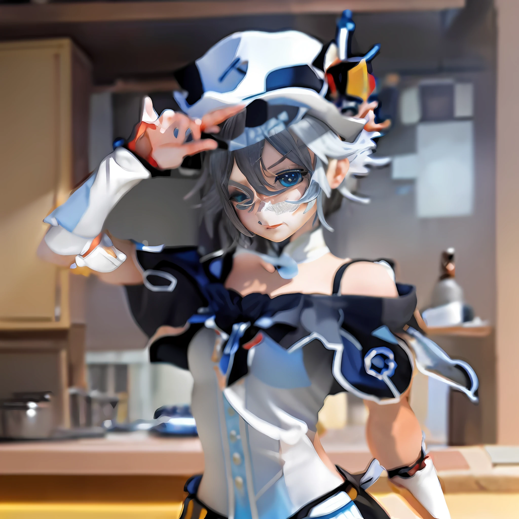 Anime statue of a girl holding a hat, live2d virtual youtuber model, pop up parade figure,  Anime figure，azur lane style, Anime figur, A scene from the《azur lane》videogame, The hat is a black top hat，Change the background to classroom