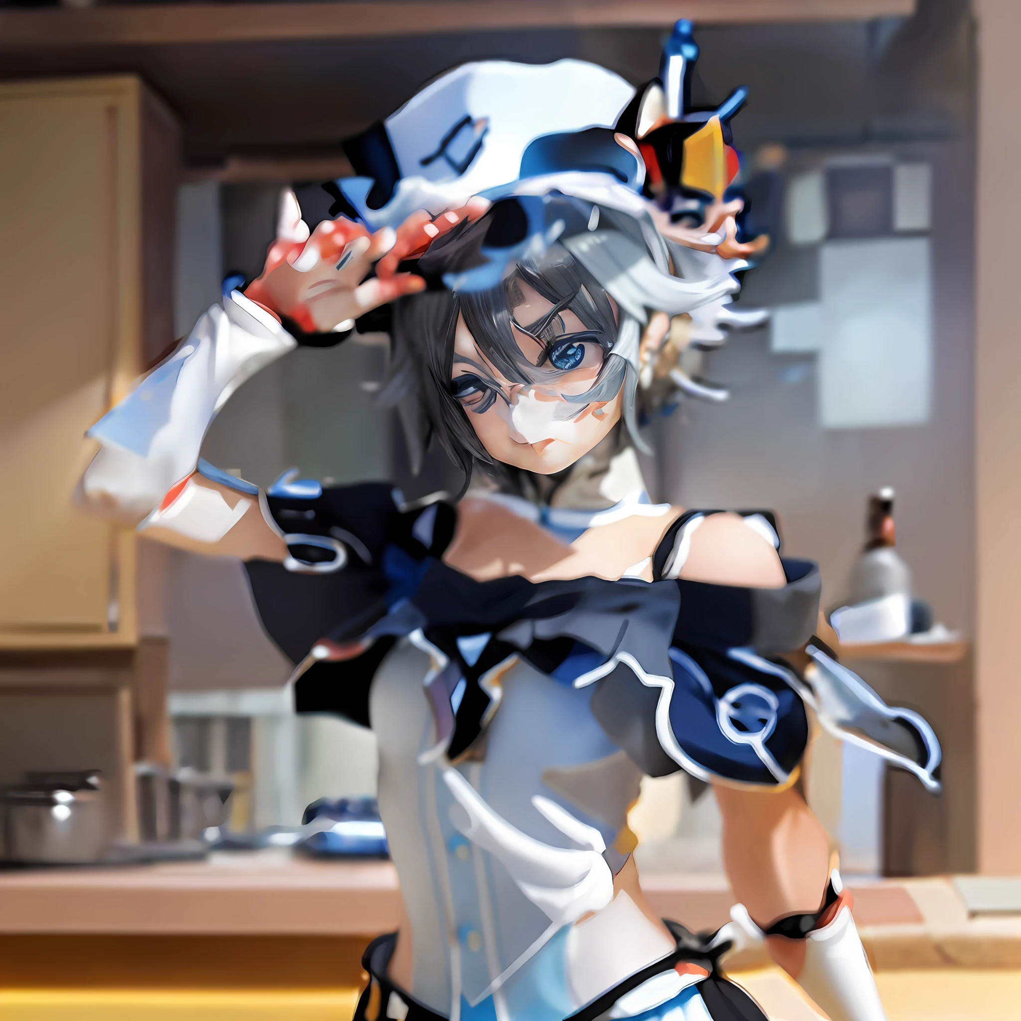 Anime statue of a girl holding a hat, live2d virtual youtuber model, pop up parade figure,  Anime figure，azur lane style, Anime figur, A scene from the《azur lane》videogame, The hat is a black top hat，Change the background to classroom