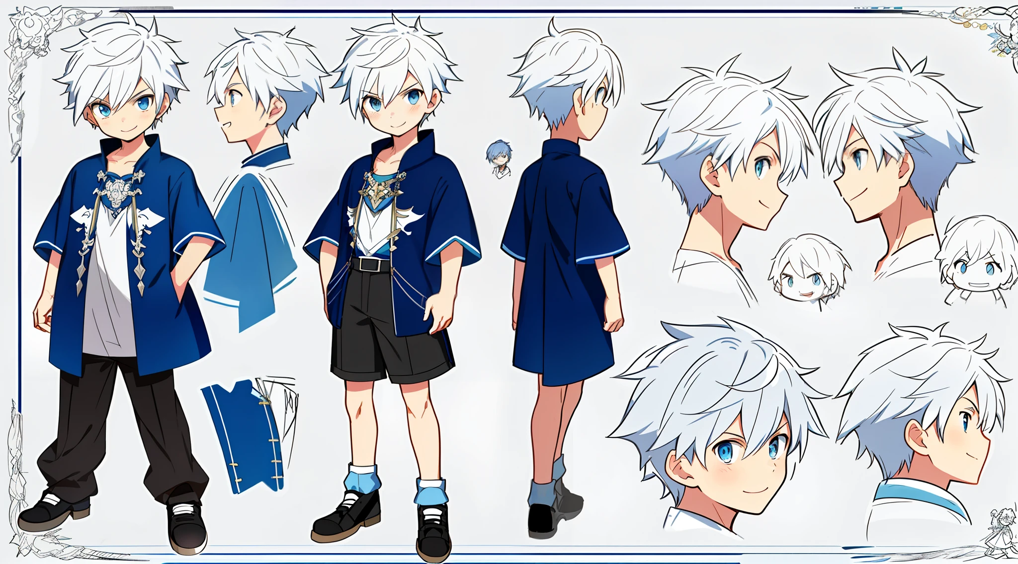 Reference sheet of a kid cute boy, short white hair and blue eyes, smiling, ((masterpiece)),(((best quality))),(character design sheet,same character,front,side,back) wearing a casual cloth and short pants, detailed face, detailed hair, concept art, character concept art, character sketch, reference sheet, character sheet