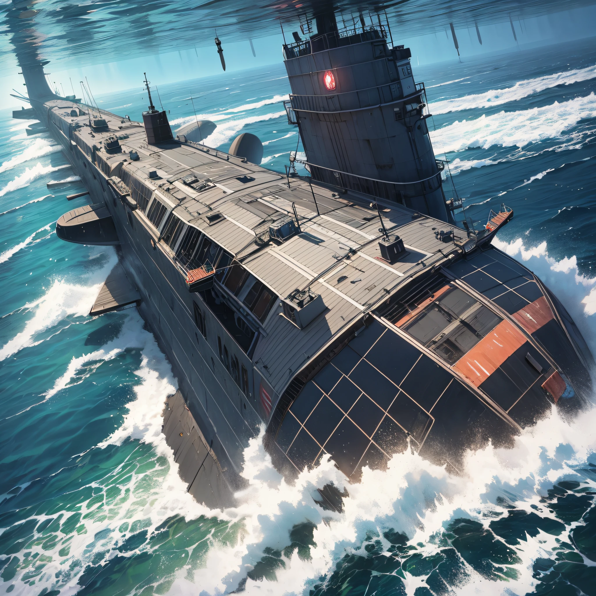 Ridiculous resolution,A high resolution,(tmasterpiece:1.4),Hyper-detailing,Underwater world(1.3),Nuclear submarine,Attacked,There was an explosion(1.2)