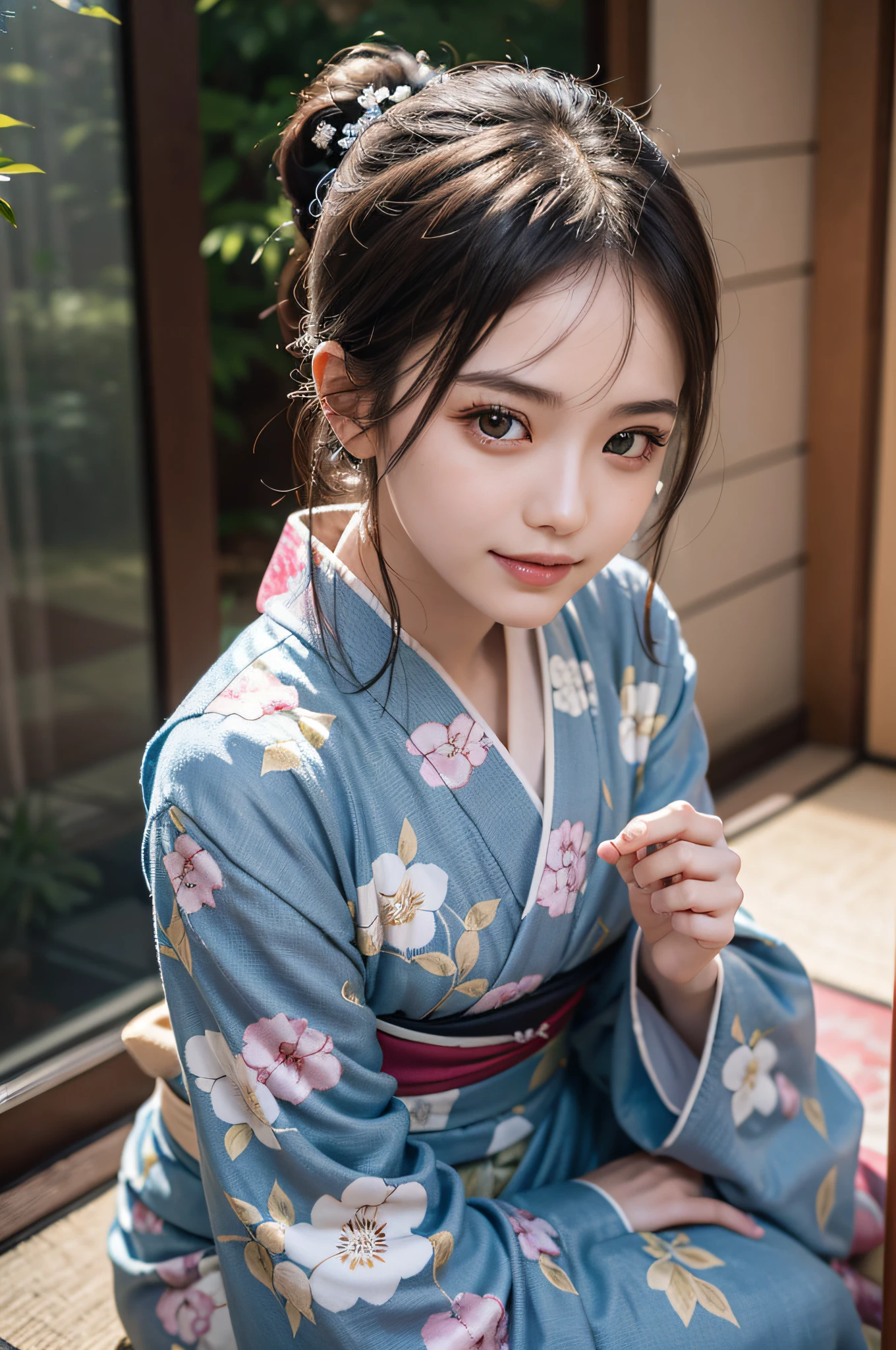 (Photorealsitic:1.4), (Top image quality:1.0), (超A high resolution:1.0), 8K, Raw photography, (​masterpiece:0.2), (pureerosface_v1:0.5)、(Best Quality Detail:1.2)、realisitic、8K UHD、hight resolution、(1girl in:1.2)、The ultra-detailliert、High quality textures、intricate detailes、detaileds、Very detailed CG、High quality shadows、Detail Beautiful delicate face、Detail Beautiful delicate eyes、depth of fields、Ray traching,1girl in, japanaese girl, Cute, slender, Black kimono, Kimono with Japanese pattern,Floral scrunchie, Beautiful skin, Facing the front,Sit down, Sit upright and say thank you,Align your hands elegantly,Smile faintly The Land of Japan,Japanese garden,Luxury Japanese-style room, skyporn, Magic Hour, (Realistic:1.3), Finely detailed, quality, (masutepiece:1.2), (Photorealistic:1.2), (Best Quality), (Intricate details), Dramatic, Ray tracing, photograph, +Lola