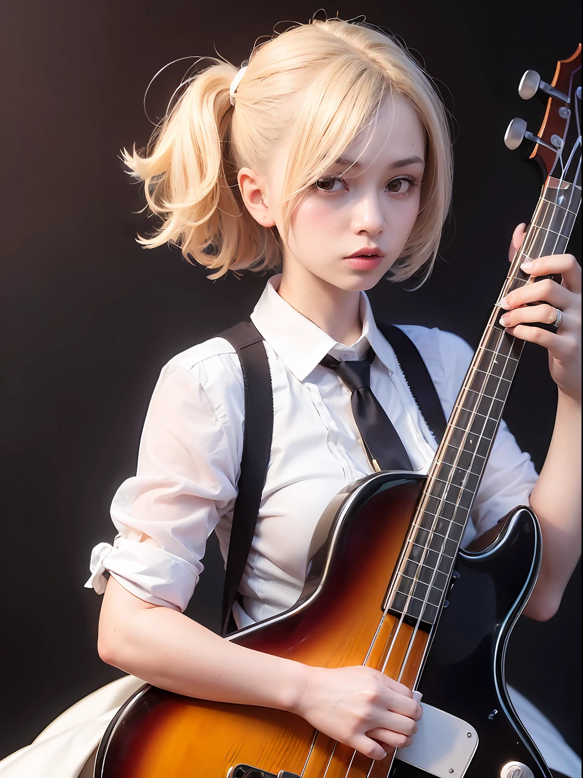 An 18-year-old woman,(hi-top fade:1.3),dyed blonde hair, (Play the electric bass, 4 strings), Dark theme, Muted colors, High contrast, (Tuttos skin texture, Hyper-Realism, Soft light, sharp), White blouses、pleatedskirt、Ribbon Ties