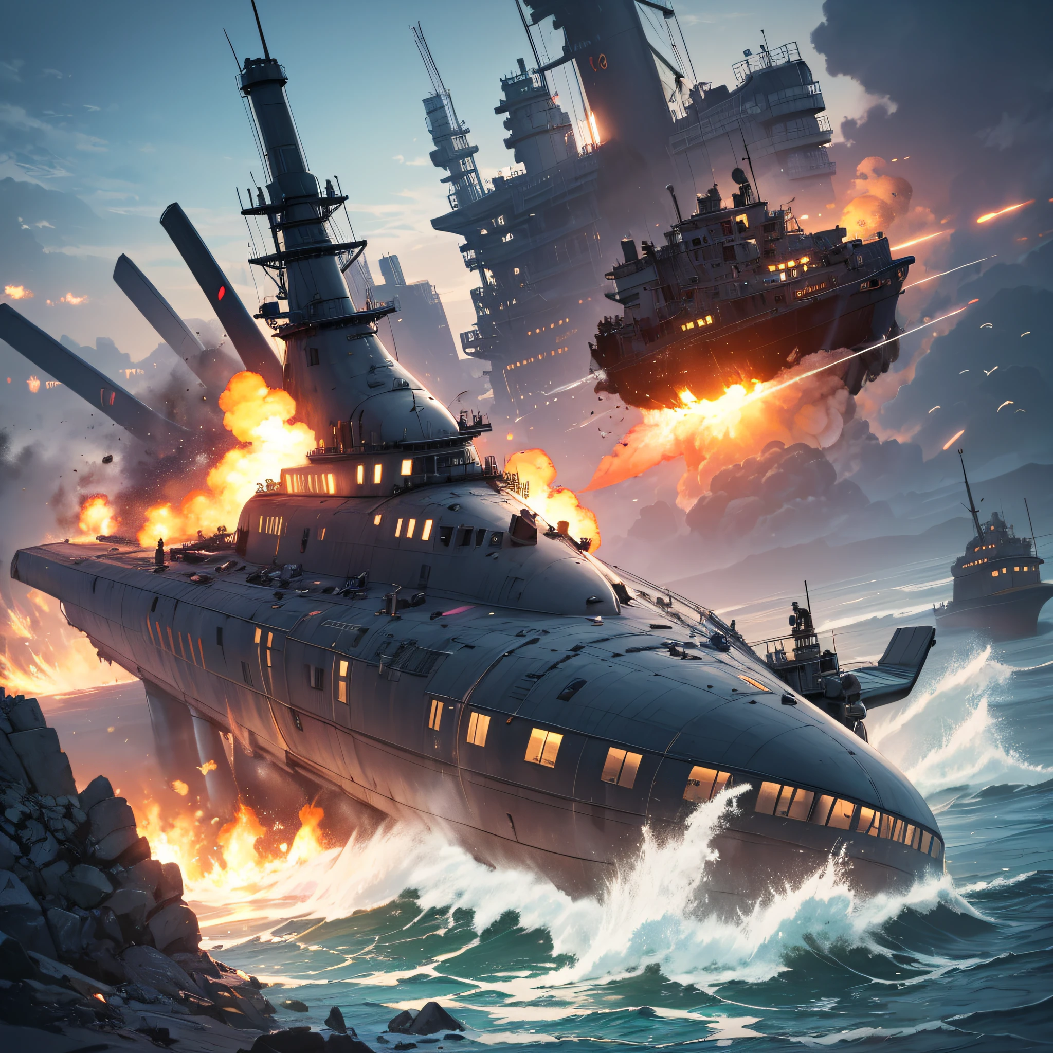 Ridiculous resolution,A high resolution,(tmasterpiece:1.4),Hyper-detailing,Underwater world(1.3),Nuclear submarine,Attacked,There was an explosion(1.2)