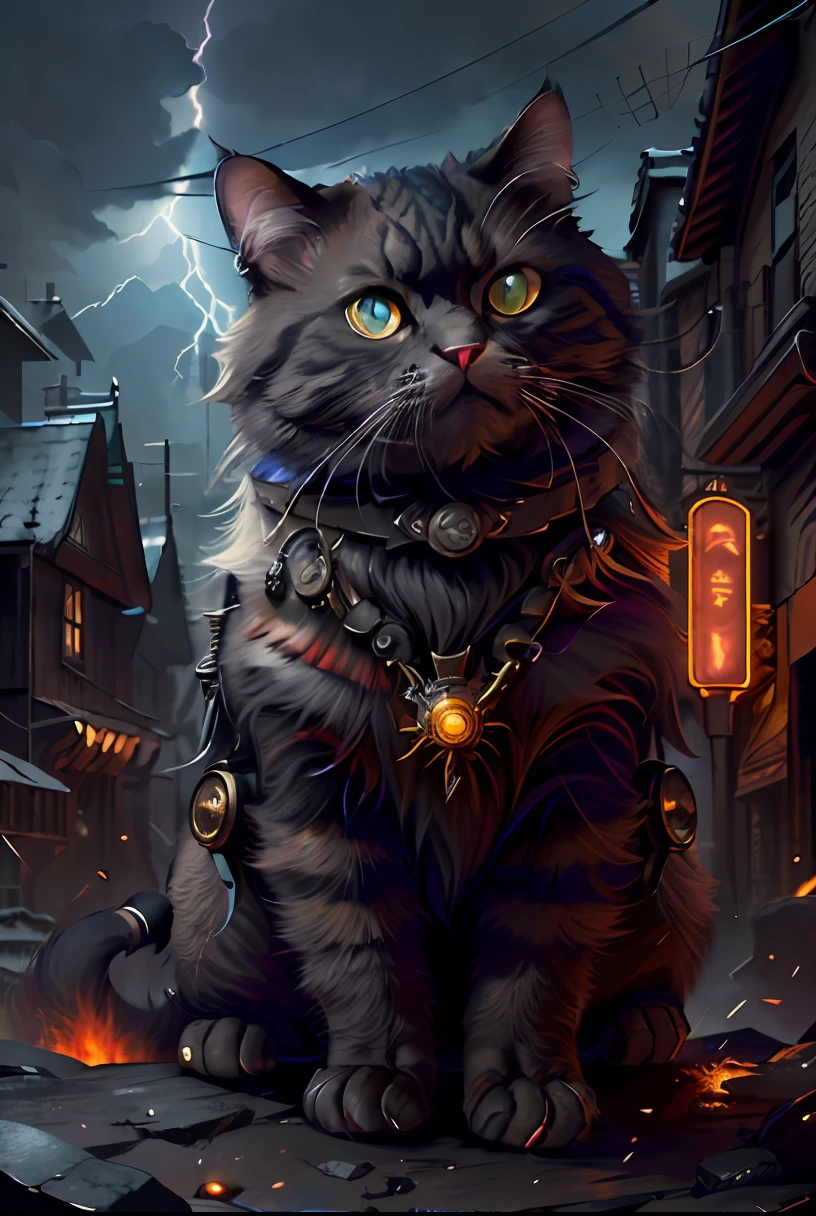 Angry cat god, closeup, steampunk anthropomorphic , black plague mask, Artstation illustrators, intricate details, face, full body portrait, dim light, illustration, UHD, 4K hyper realistic, tension, cold, highly detailed, sharp focus, professional, 8k UHD, cinematic, dark, violent, outdoor, River, battle, chase, dramatic, vivid, nervous vibe, render, epic, twilight, HDR, album cover, blizzard, lightning, cataclysmic