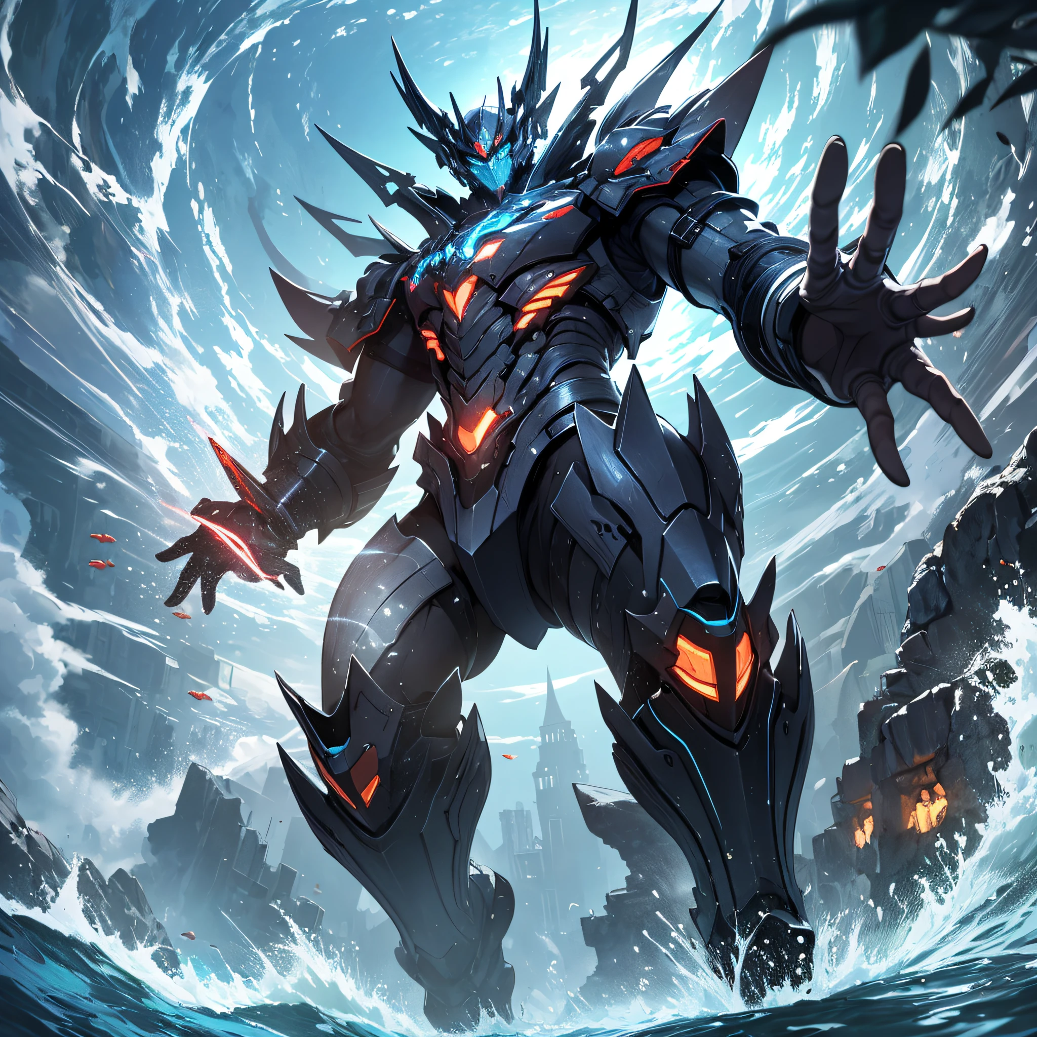 Ridiculous resolution，A high resolution，（tmasterpiece：1.4），Hyper-detailing，Underwater world，Blue mechanical titan giant，charging up，advance，swimmning，combat state，shock，blasts，Red，Jump attack action（1.3），blasts