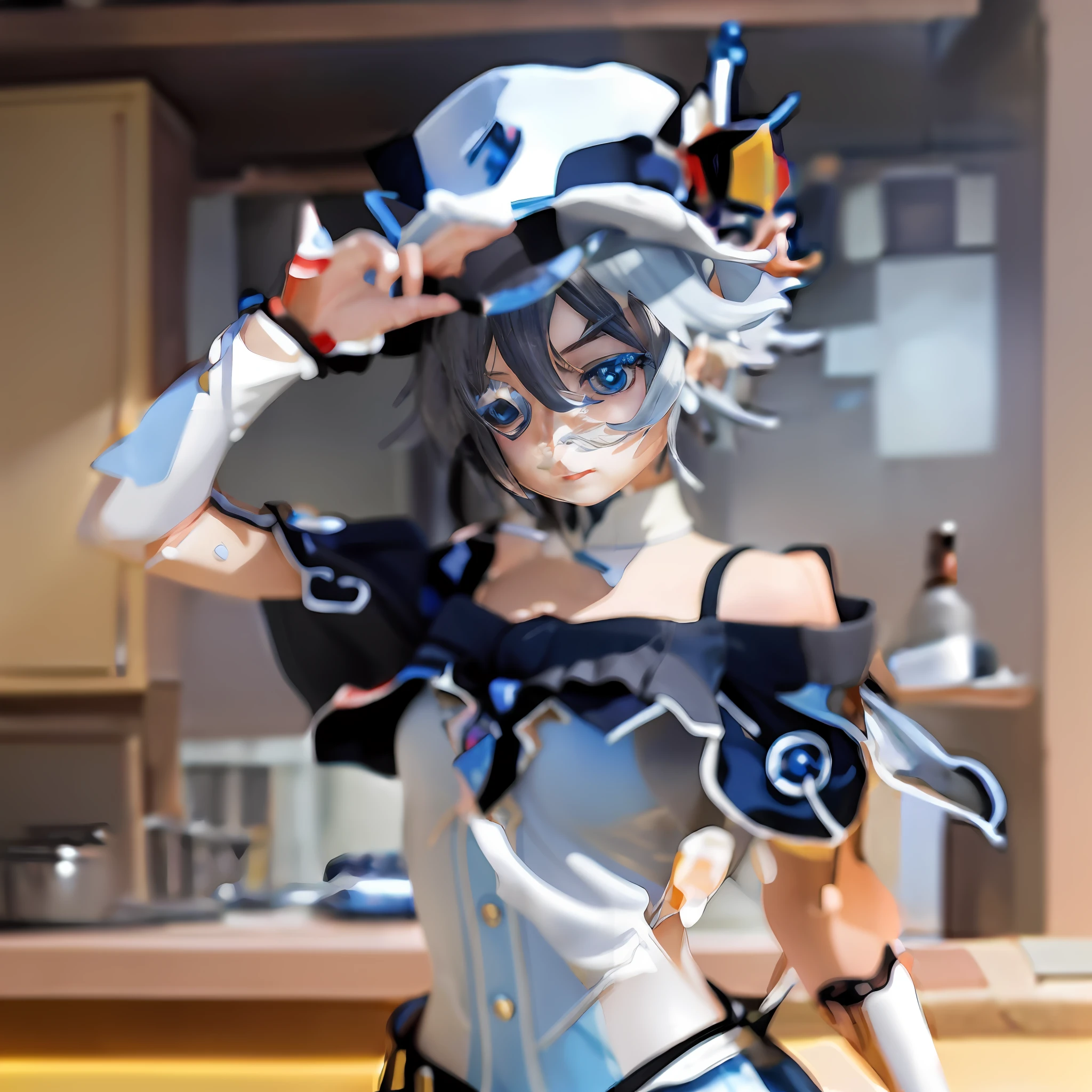 Anime statue of a girl holding a hat, live2d virtual youtuber model, pop up parade figure,  Anime figure，azur lane style, Anime figur, A scene from the《azur lane》videogame, The hat is a black top hat，Change the background to classroom