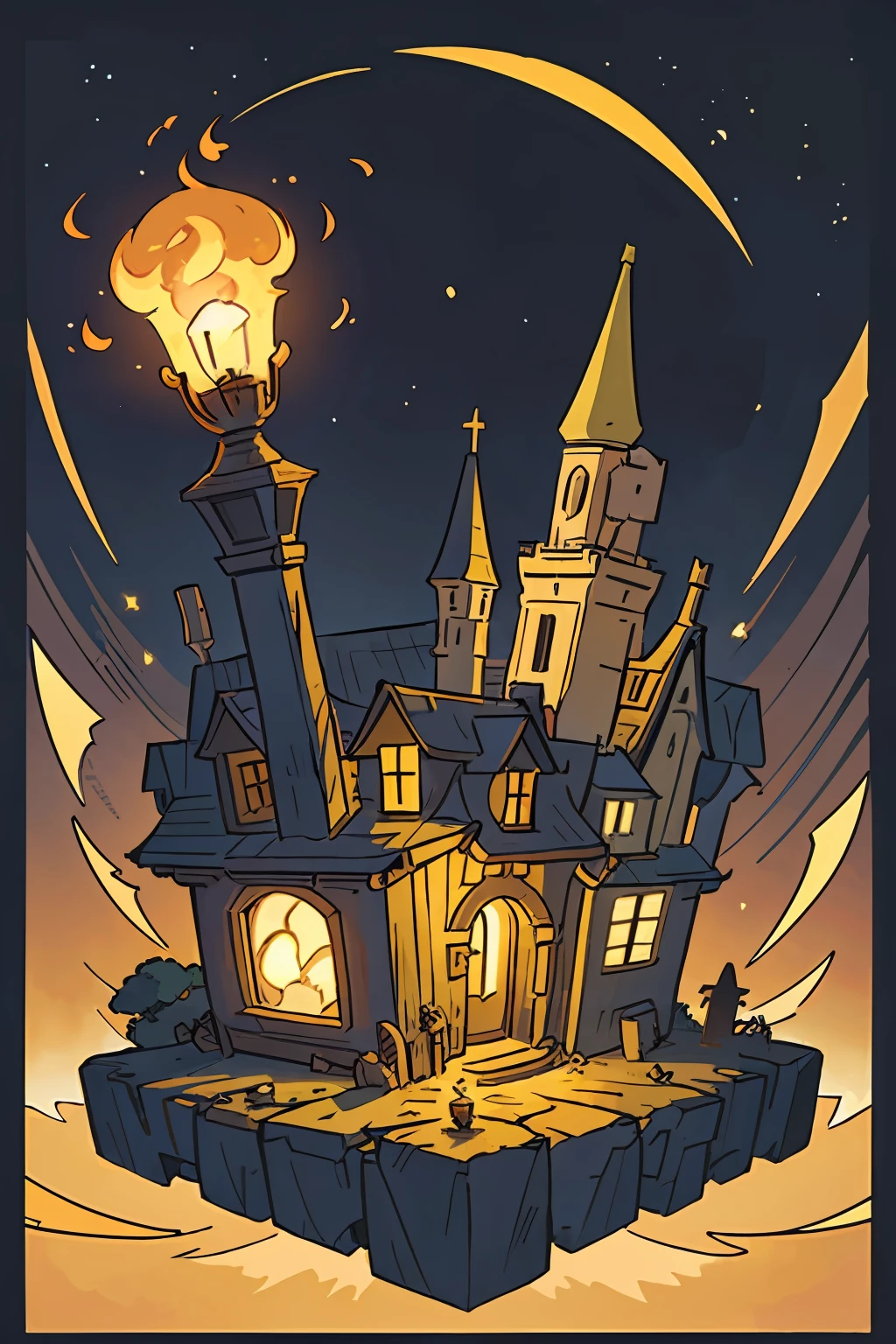 (best-quality:0.8), (best-quality:0.8), perfect anime illustration of a  landscape of a Modular Snug [The Painted Night Vilage|Western]  and Unusual Ivorian Bristol, at Golden hour, Masterpiece, Frightening, Neo-Dadaism Art, Candle light, Zoom lens, Calotype, Yellow power aura, Folded Silver, Best quality, Concept Art World