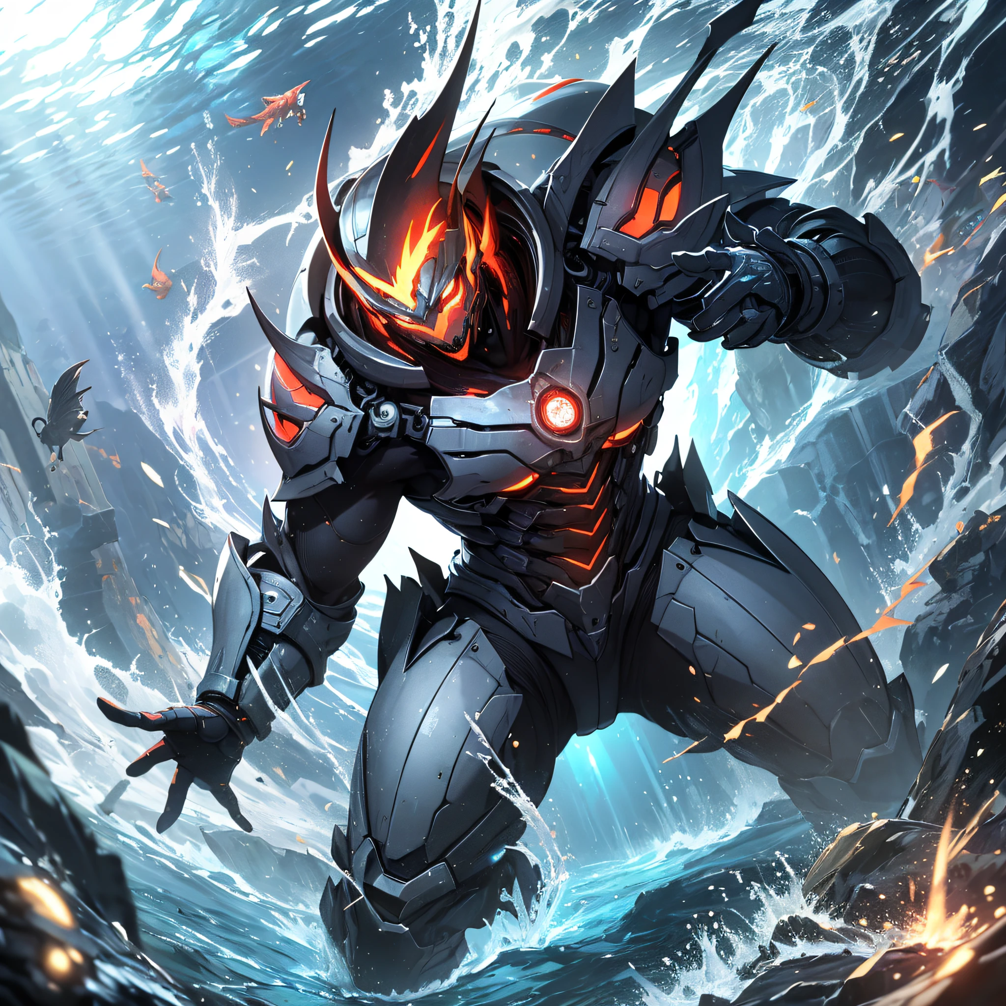 Ridiculous resolution,A high resolution,(tmasterpiece:1.4),Hyper-detailing,Underwater world,Blue mechanical titan giant,charging up,advance,swimmning,combat state,shock,blasts,Red,Jumping action(1.3),blasts