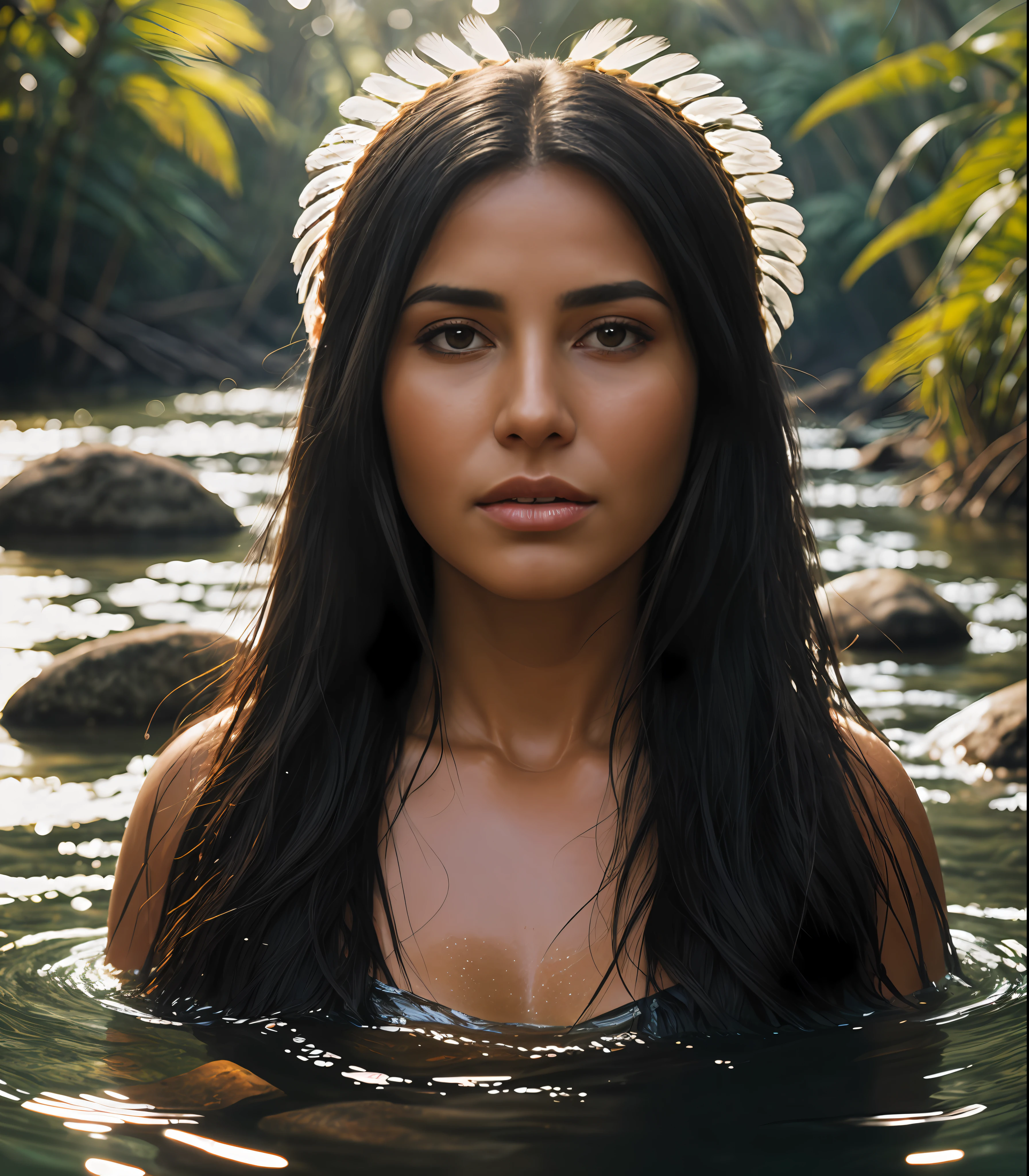 portrait of a beautiful woman, 40 years old. Of the tanned skin, cabocla, long black hair, straight at the height of the back, fringe of Amazonian India, headdress of feathers, western eyes, honey color, fluffy turned, ((big cheeks)), bathing to the natural, in a deep river and with transparent waters that show the silhouette of his submerged body, only with the head and neck out of the water,  between reeds, (backlit), realistic, masterpiece, high quality, brightness, shadow, flower, [[chromatic aberration]], by Jeremy Lipking, by Antonio J. Manzanedo, digital painting, Brazilian, 8k uhd,, forest, stones on the bank, river, wood, smoke, shadows, contrast, clear sky, style , (warm hue, warm tone)