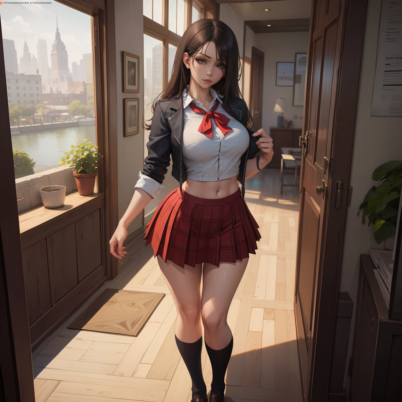 masterpiece, best quality, (realistic, photo-realistic:1.4), (RAW photo:1.2), extremely detailed CG unity 8k wallpaper, an extremely delicate and beautiful, amazing, finely detail, official art, absurdres, incredibly absurdres, huge filesize, ultra-detailed, extremely detailed, beautiful detailed girl, extremely detailed eyes and face, beautiful detailed eyes, light on face, nsfw, 1girl, cute, looking at viewer, (perfect female figure), slim waist, (kpop idol), (aegyo sal:1), full body, large breasts, standing, school uniform, plaid skirt, collared shirt, midriff, unbuttoned, open clothes,, bangs, ulzzang-6500-v1.1