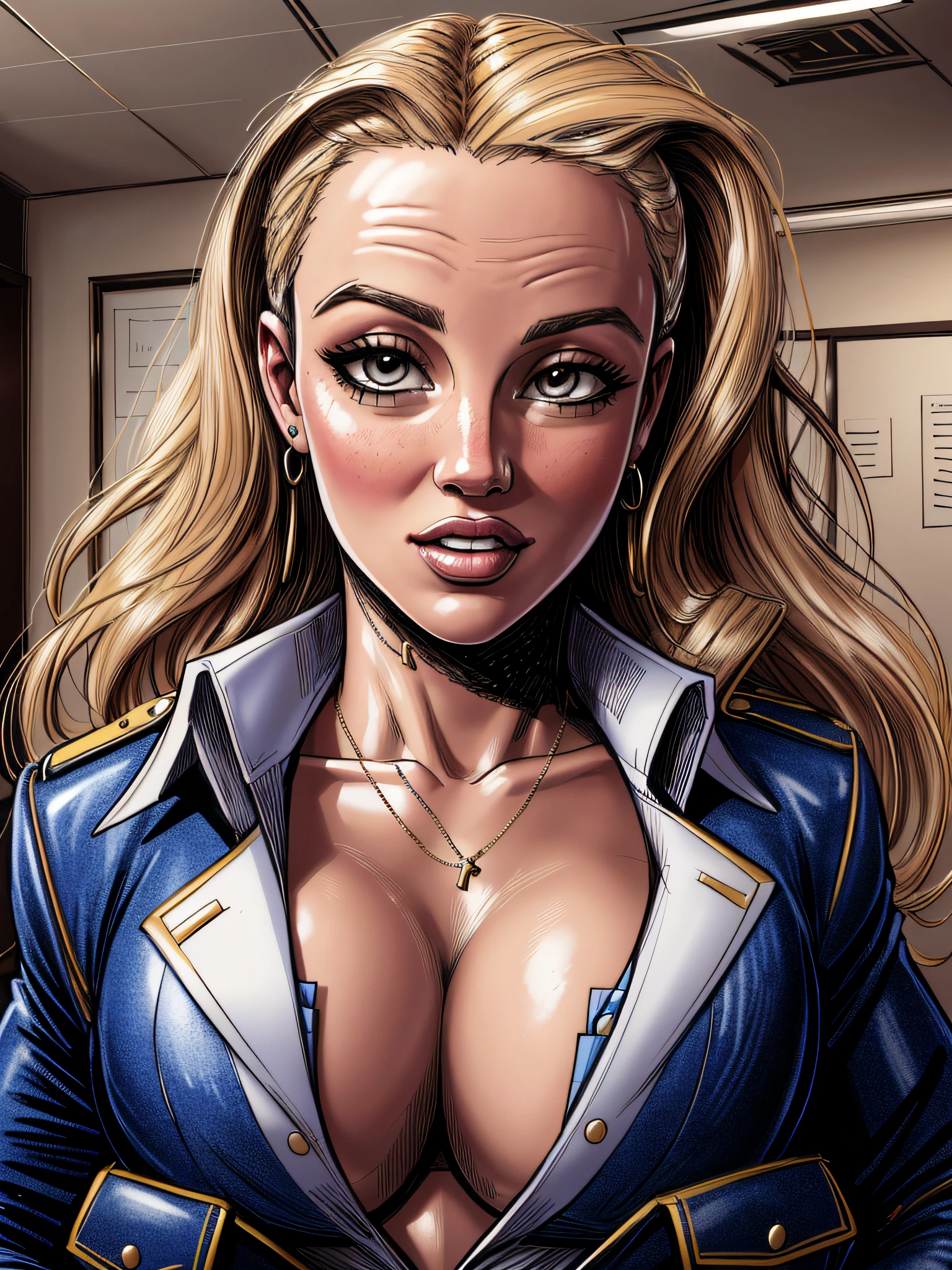 a portrait of a Britney Spears, strict jacket, (shirt unbuttoned:1.2), deep neckline, office background, detailed face, cinematic, insane details, intricate details, hyperdetailed, bright face,