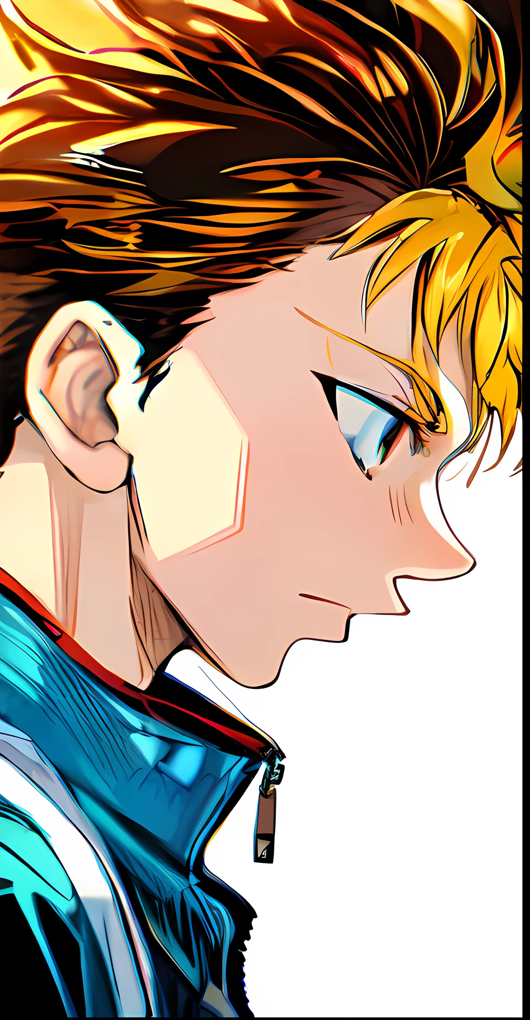 The blonde anime boy stares at something from the side, Jacket, Side view, color comic, manga color, color comic, colored manga panel, Simple background, white backgrounid，Be red in the face