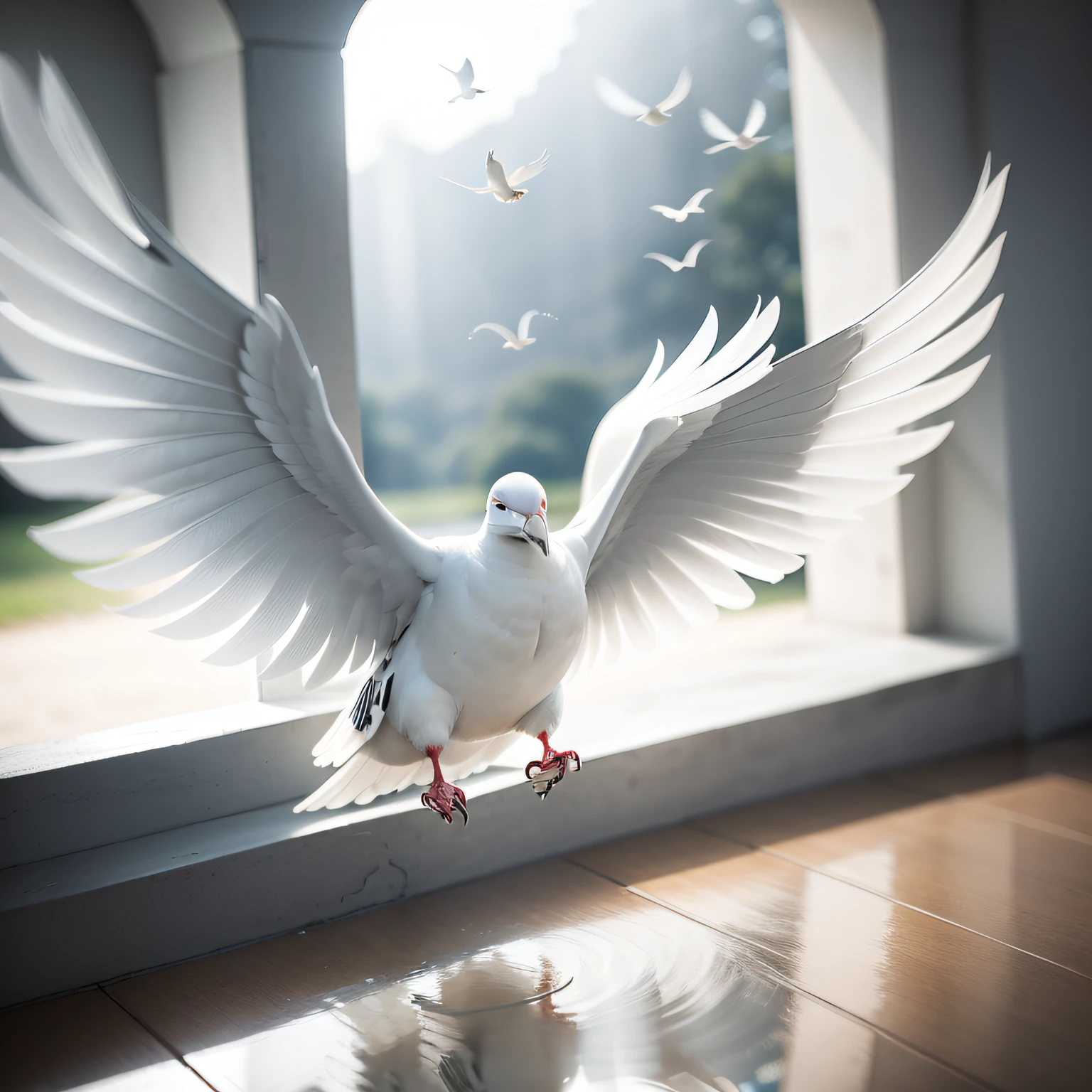 Melhor qualidade, obra-prima, ultra alta res, (fotorrealista: 1.4), foto crua, 1dove, (( a white dove)) ((wings that reflect light)); ((a white dove with light-reflecting wings landing on a bible))