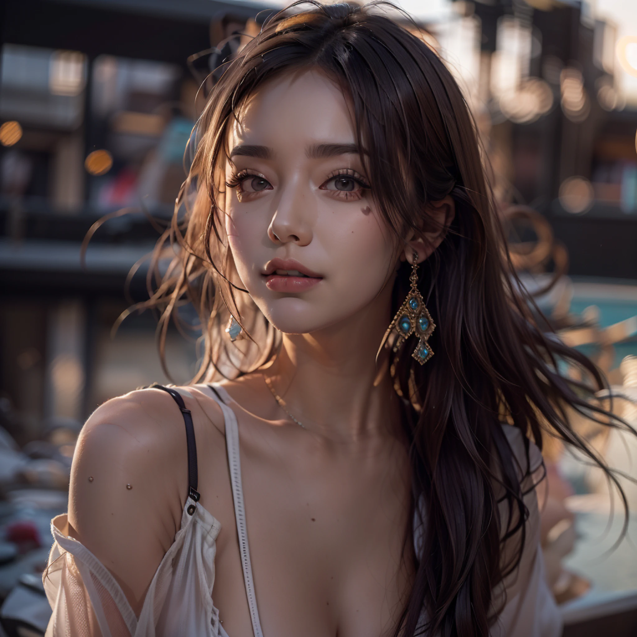 Nikon RAW photos，8K quality，Fujifilm XT3，tmasterpiece，best qualtiy，realisticlying，ultra - detailed，1 girl，独奏，closeup portrait，huge breasts1.3，Rooftop outdoor pool，the setting sun，at dusk at golden hour，high level of water，Water flooded the chest，Black lace transparent bra，Place your hands behind your ears，cabelos preto e longos，rich facial detail，Fine fine skin，tempting pose，cabelos preto e longos，hair straight