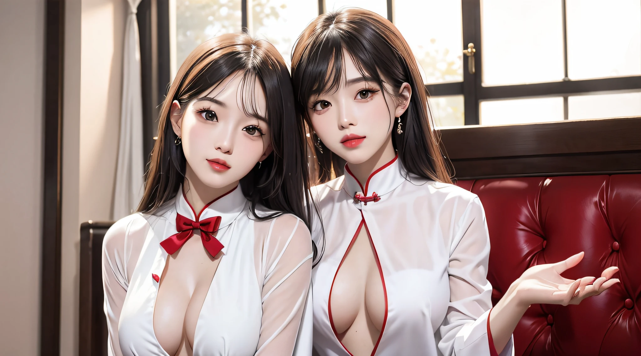 (8k, RAW photo, photorealistic:1.25) ,( Gloss on lips, eyeslashes, gloss face, Glossy glossy skin, best qualtiy, 超高分辨率, depth of fields, color difference, Caustics, Wide light, naturalshadow, Kpop idol) Being in the room，European style，sitted，sliver long hair，White cheongsam，Red trim，Bigchest（Open your clothes：1.1）