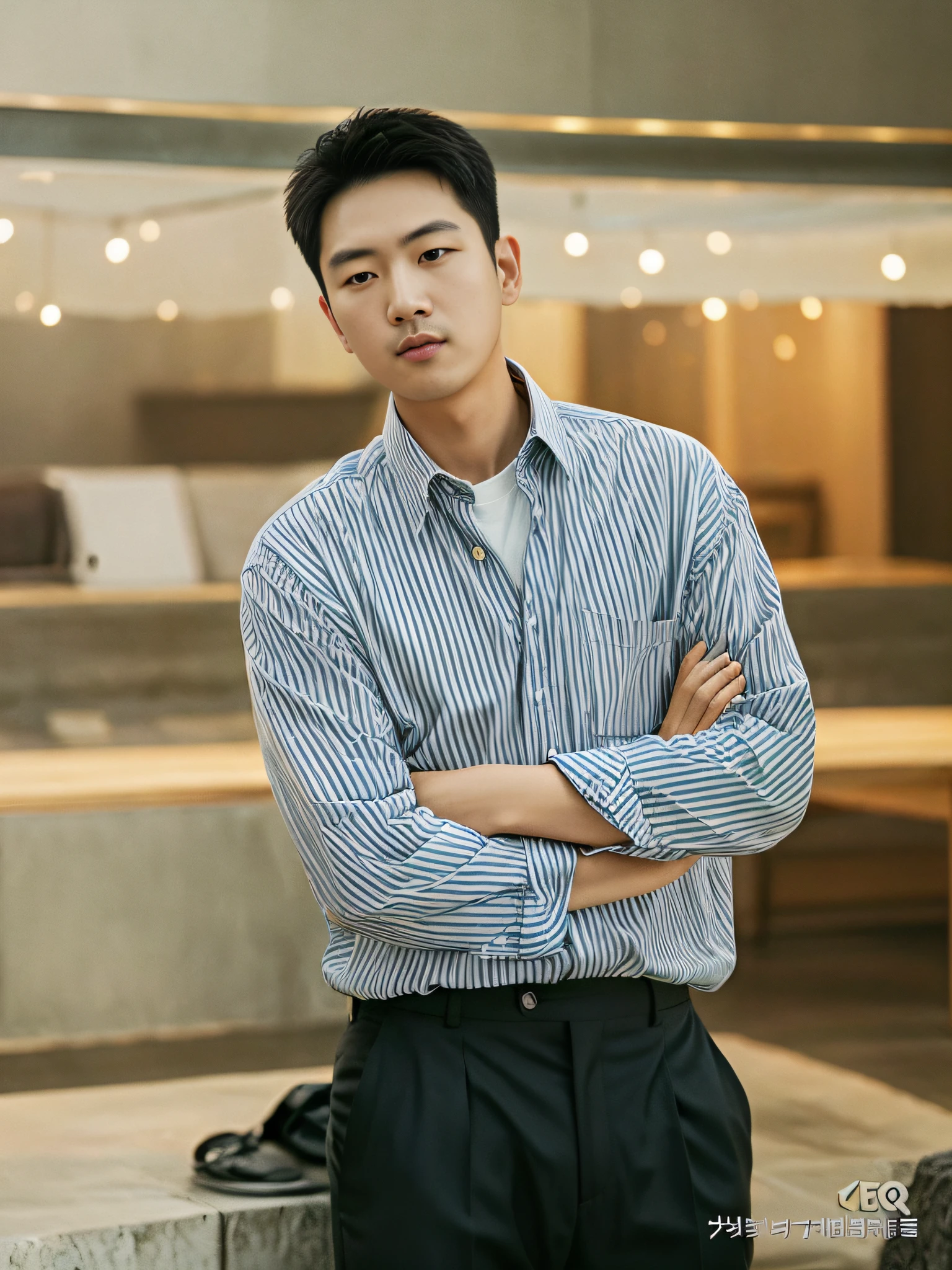 Arafod man in a blue and white shirt standing in the mall, siwoo kim, seseon yoon, Zhongyuan Zheng Lei, sun-hyuk kim, ryan jia, hyung - tae kim, hyung-tae kim, john park, Shin Jinying, korean artist, hyung tae kim, inspired by Joong Keun Lee, hyung tae, sangsoo jeong，Retina Screen，Vertical painting shadows，Perspectiva subjetiva，atmospheric distance sense，hyper HD，Textured skin，HighestQuali，high detal，The eyes are bright and alert，Ray traching，Multiple monochromes，Cinematic lighting effects，Star temperament，Chinese face