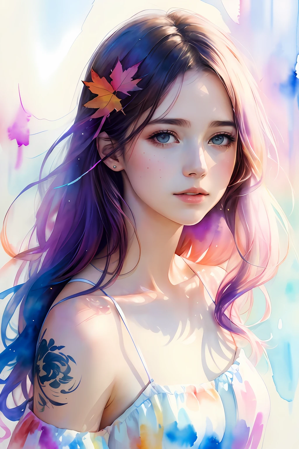 (8k, best quality, masterpiece:1.2),(best quality:1.0), (ultra highres:1.0), watercolor, a beautiful woman, shoulder, hair ribbons, by agnes cecile, half body portrait, extremely luminous bright design, pastel colors, (ink:1.3), autumn lights,