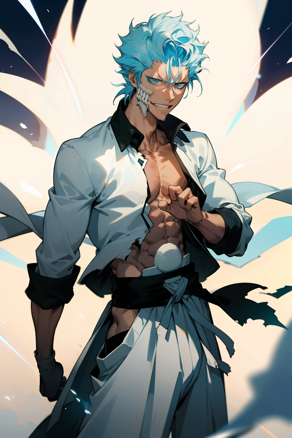 masterpiece, best quality, 1boy, grimmjow jaegerjaquez, at night, night, low light, natural light, fighting pose, white pants,  white jacket, smiling with tongue out, damaged clothes, damaged skin, street, japanese street, low light, light rays, aura power, floating particles, doing a power,  holding a katana, zanpakutou, angry eyes, angry face, smiling, looking ahead, male focus, strong muscles, movie composition, deth of field, bokeh