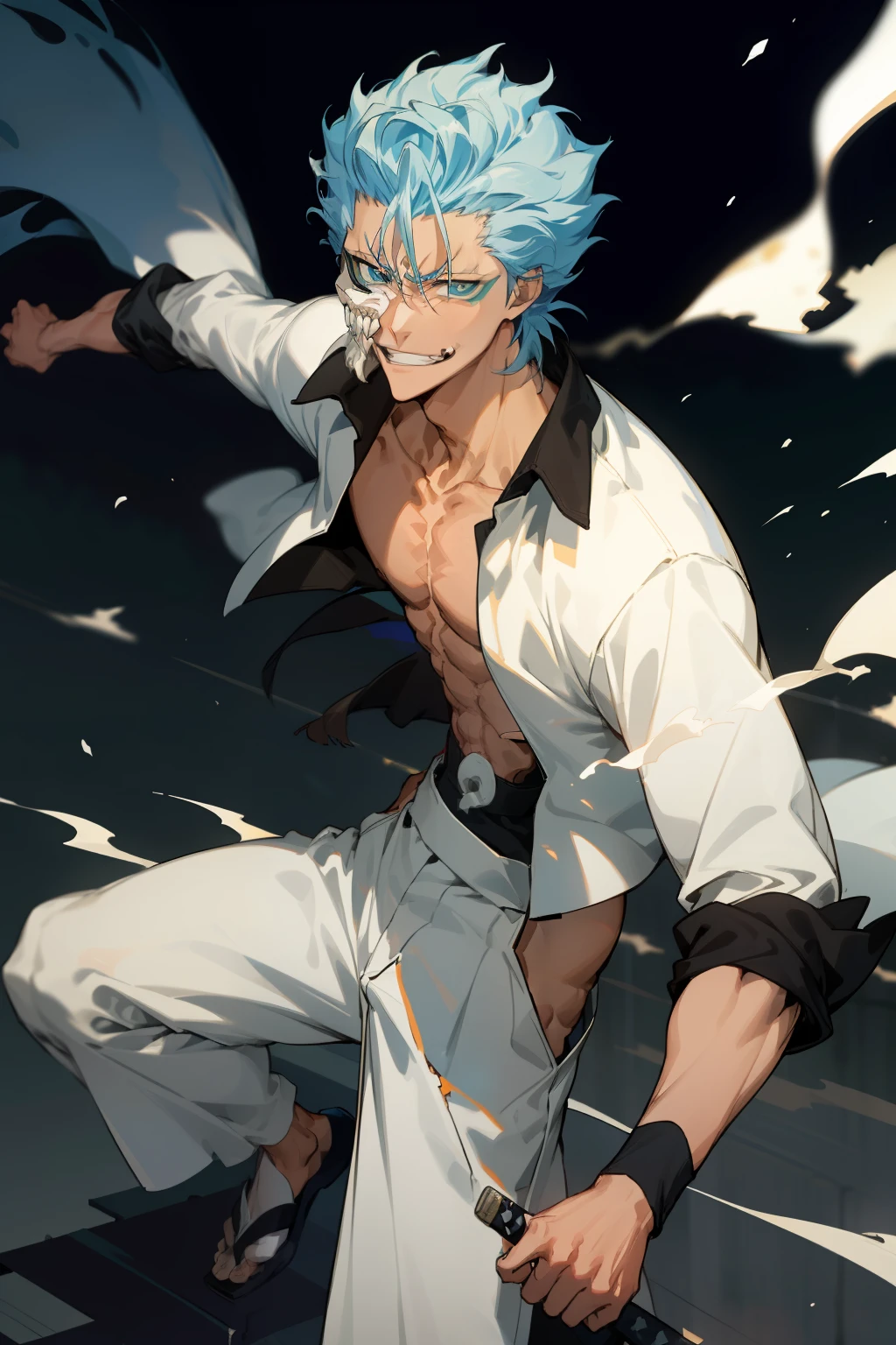 masterpiece, best quality, 1boy, grimmjow jaegerjaquez, at night, night, low light, natural light, fighting pose, white pants,  white jacket, smiling with tongue out, damaged clothes, damaged skin, street, japanese street, low light, light rays, aura power, floating particles, doing a power,  holding a katana, zanpakutou, angry eyes, angry face, smiling, looking ahead, male focus, strong muscles, movie composition, deth of field, bokeh