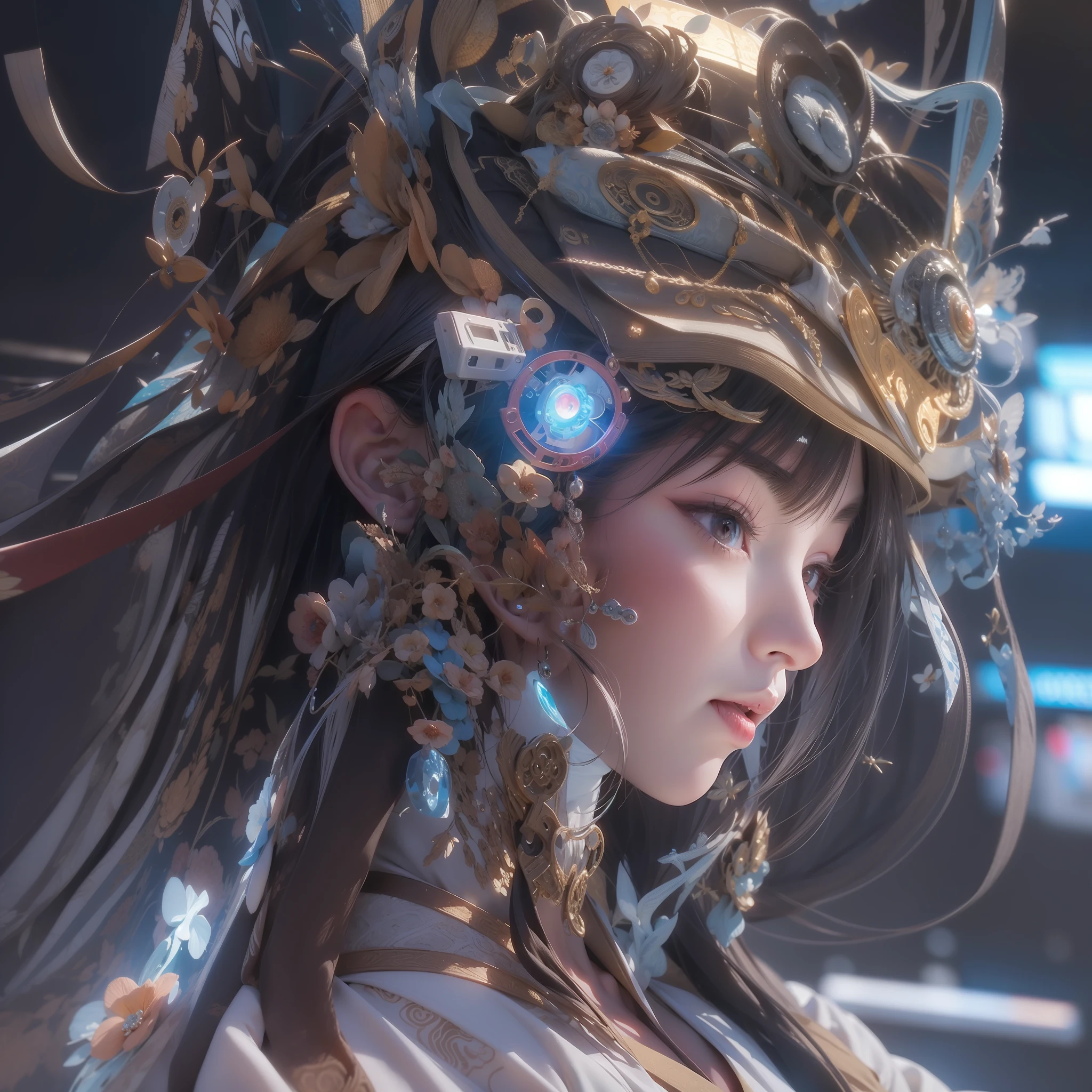 a yang girl, androids 3D style face, fair skin, exquisite facial features.Hanfu and mecha, Cyberpunk, projection holographic display, holographic halo, Laggador's Ring, Surrounded by holographic ribbons throughout the waist, fluorescent, Shock, explosion, special effectsPerspective View, Chinese martial arts movements, Kung Fu, Tai Chi3D art, OC rendering, Hyper-Realistic, rich background, Realistic Details, DetailedDepiction, Minute Details, futurism, 3D rendering, Unreal Engine, UHD, 8K --niji 5 --s 180