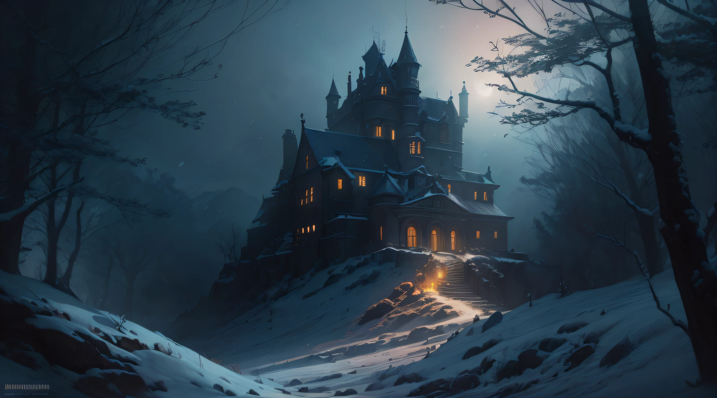 ((night)), winter, scottish medieval castle, dark night atmosphere, dark atmosphere, night ambient, ((foggy atmosphere)), a painting of a meandering snow in a mountain valley, trending on artstation, sharp focus, studio photo, intricate details, highly detailed, by greg rutkowski, a comic book panel by jeffrey smith, featured on deviantart, american scene painting, dc comics, marvel comics, concept art, perfect composition, beautiful detailed intricate insanely detailed octane render trending on artstation, 8 k artistic photography, photorealistic concept art, soft natural volumetric cinematic perfect light, chiaroscuro, award - winning photograph, masterpiece, oil on canvas, raphael, caravaggio, greg rutkowski, beeple, beksinski, giger, centered, symmetry, painted, intricate, volumetric lighting, beautiful, rich deep colors masterpiece, sharp focus, ultra detailed, in the style of dan mumford and marc simonetti, astrophotography