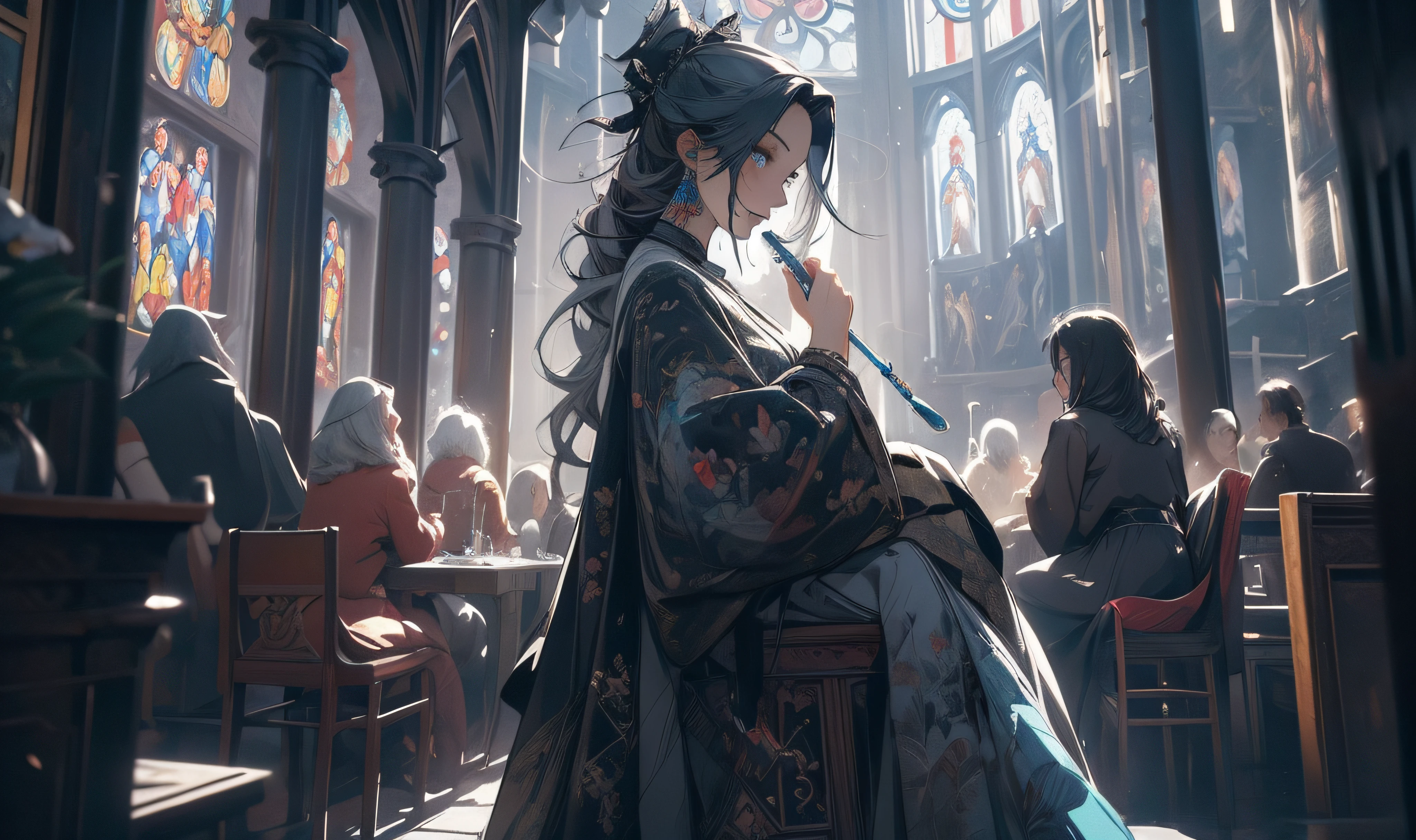 tmasterpiece,Best quality,1 person is painting,sit on chair,A Gothic Church,Stained glass dome,anime wallpaper,The kinky is exposed,Delicate skin,Blue-gray hair,Put a lot of paint on the table,with light glowing,Holding a paintbrush