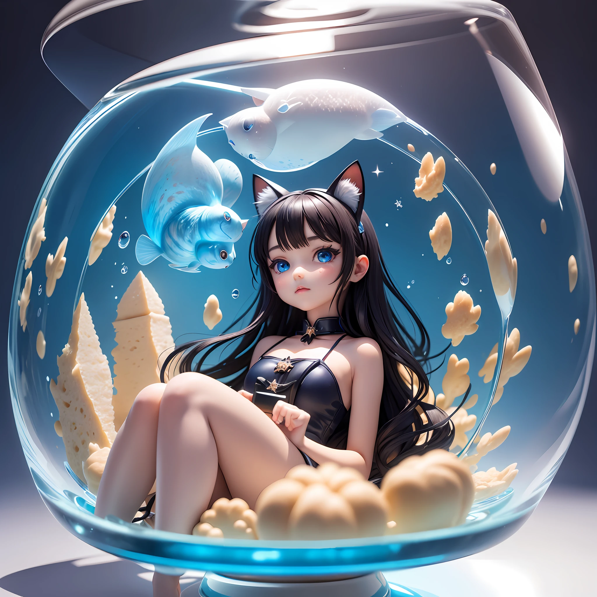 Masterpiece, the best quality, Q version character, a lovely Cat's ears (Steamed cat-ear shaped bread) girl sitting in a beautiful transparent glass bottle, mini world, the world in the bottle, axis moving lens virtualization effect, black hair, lovely blue eyes, many fish and stars floating around, exquisite facial features, incredible details and rich colors,