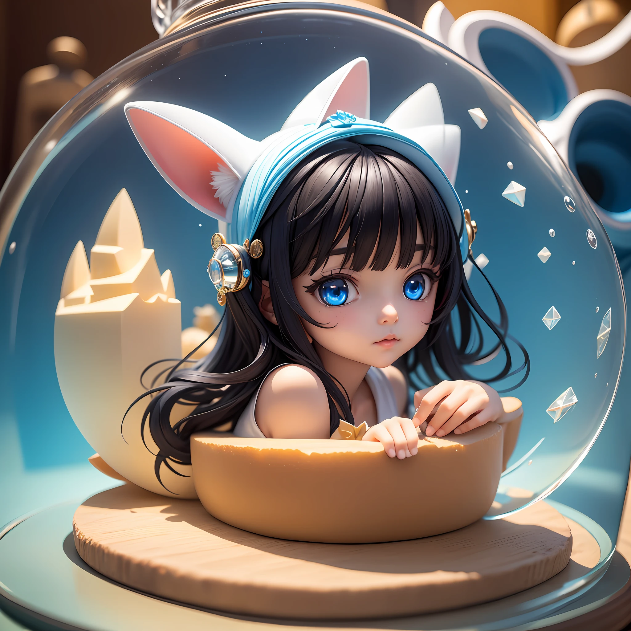 Masterpiece, the best quality, Q version character, a lovely Cat's ears (Steamed cat-ear shaped bread) girl sitting in a beautiful transparent glass bottle, mini world, the world in the bottle, axis moving lens virtualization effect, black hair, lovely blue eyes, many fish and stars floating around, exquisite facial features, incredible details and rich colors,
