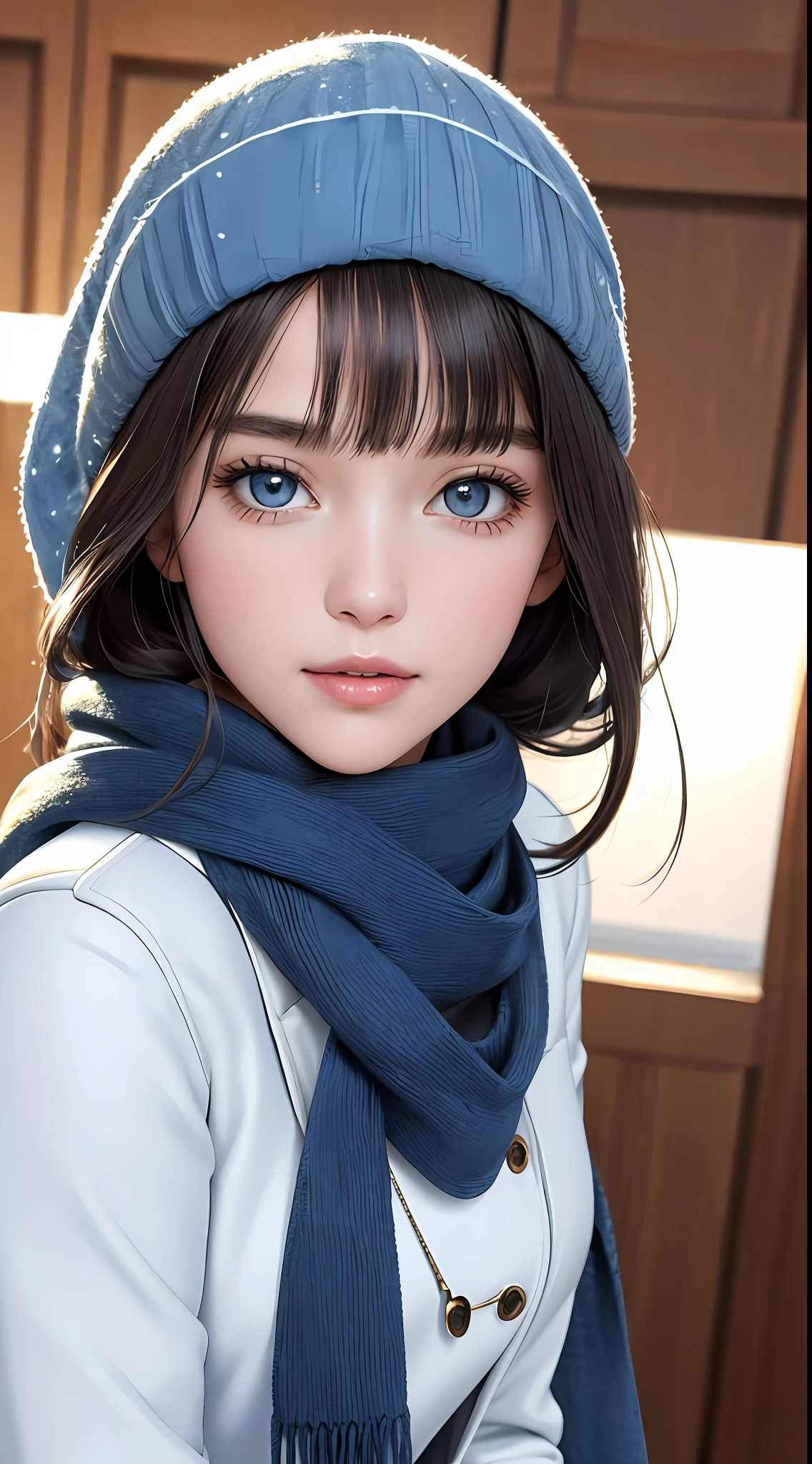 (close-up:1.4),
(RAW photo:1.2), (photorealistic:1.4),(masterpiece:1.3),(best quality:1.4), dreamlike, (detailed eyes),(detailed facial features), (detailed clothes features), skin tight, (shiny skin),(slender girl),(slim girl), 1girl, ((full body)),solo, cute,smlie,(medium breasts), bangs, straight hair, long hair, black hair, black eyes, crystal pendant, Long blue scarf,White long wool coat,Black thick pantyhose,Brown snow boots,
