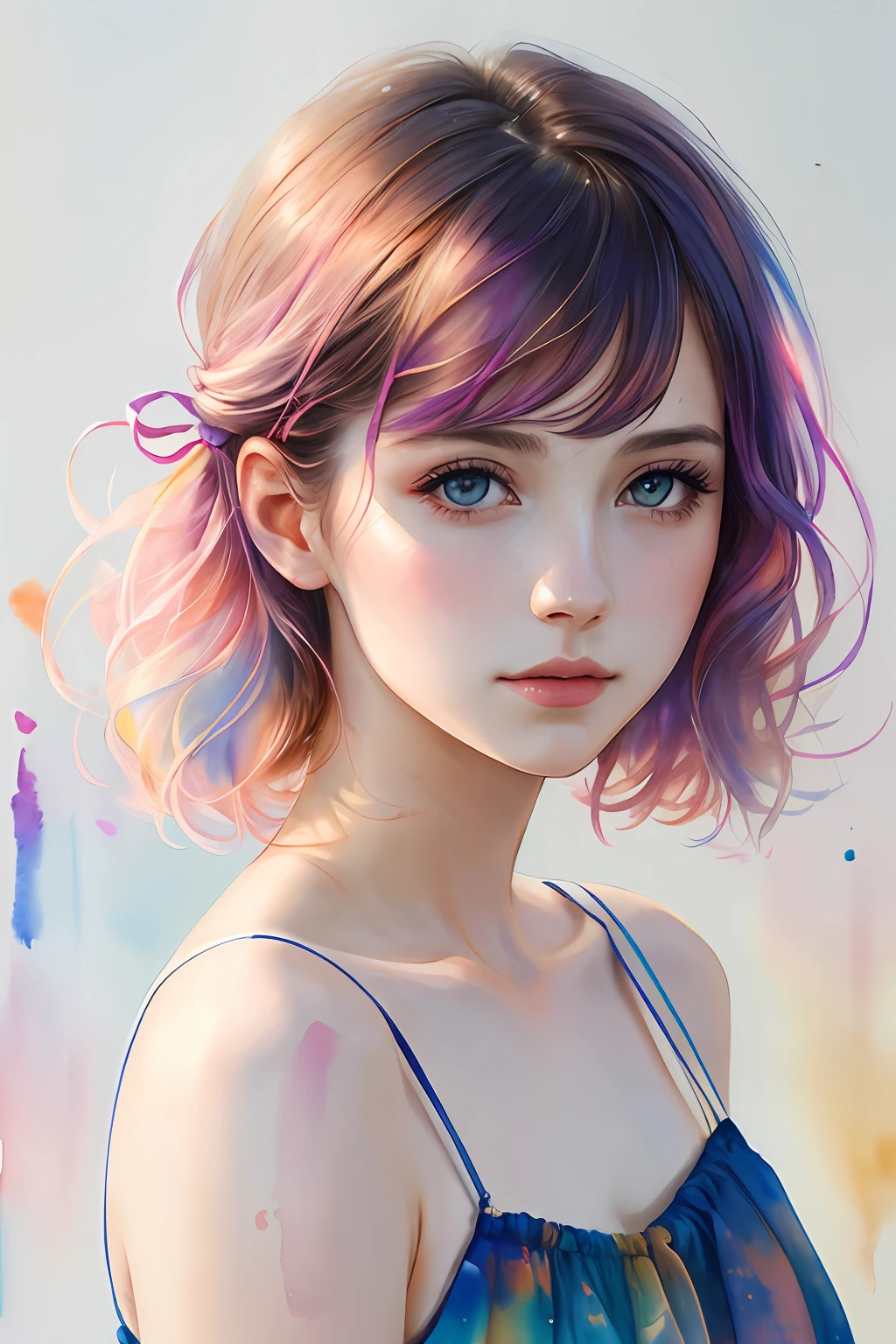 (8k, best quality, masterpiece:1.2),(best quality:1.0), (ultra highres:1.0), watercolor, a beautiful woman, shoulder, hair ribbons, by agnes cecile, half body portrait, extremely luminous bright design, pastel colors, (ink:1.3), autumn lights,