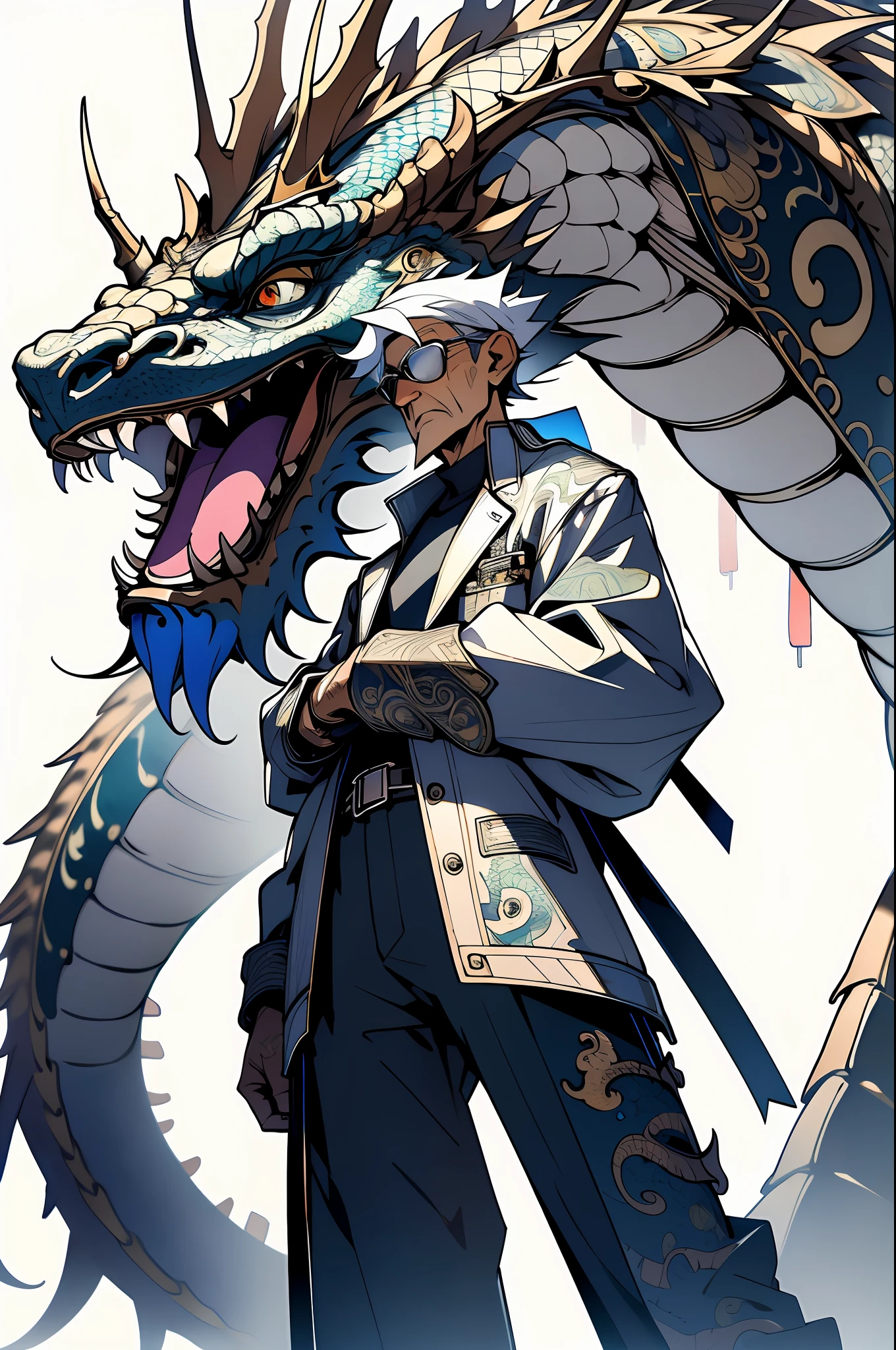 absurderes, A high resolution, ultra - detailed, (Ultra-detailed background, detailedbackground), The is very detailed,an old man stands next to a dragon, Chinese, cyber punk perssonage, Dragon in the background, Mechanical elements,rainbow,holograph,chinesedragon,loong, (zentangle:1.2), (geomerty:1.2), rich colourful, full bodyesbian,