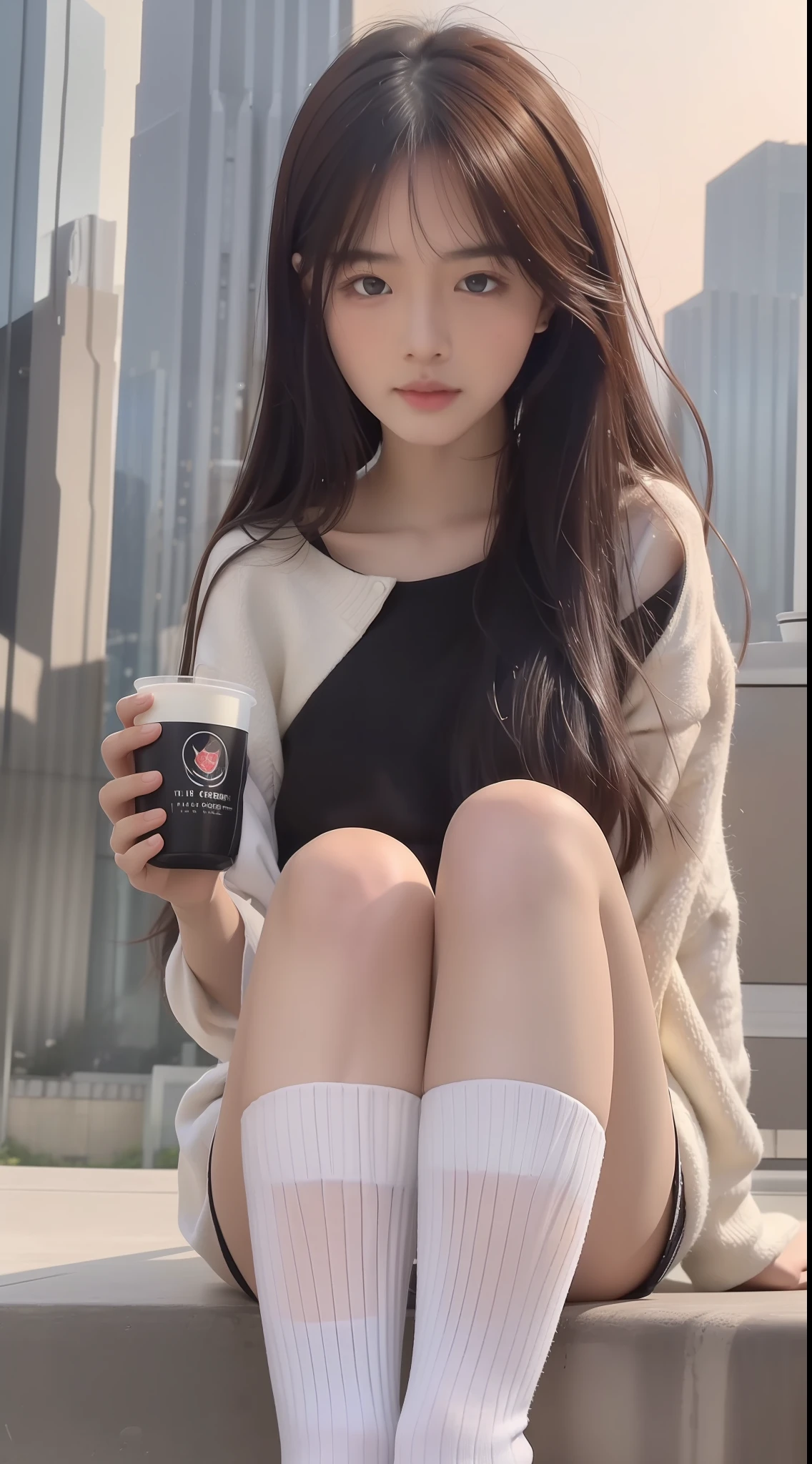 Highest image quality,Outstanding details,超高分辨率,(Fidelity:1.4),The best illustration,Favor the details,Highly cohesive 1girl,He has a delicate and beautiful face,Human real skin texture,Dressed in black and white JK,long whitr hair,Hold the water cup,In the playground,Legs exposed,Wear white calf socks on your legs,Sit Pose,Light and shadow tracking,The body proportions are perfect