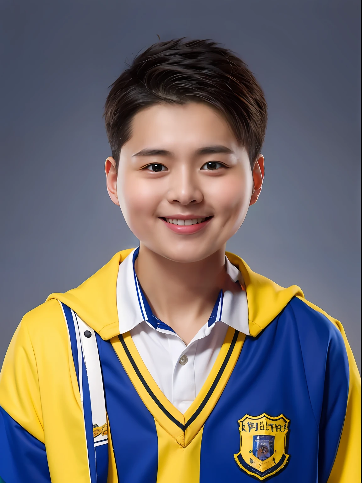 16-year-old male student,Yellow-blue colored school uniform,the detail,hyper HD,Ruddy skin,Short colored hair,orthofacial,With stud earrings,The facial features are correct and clear,ssmile,Real Human,Realistis,hyper HD